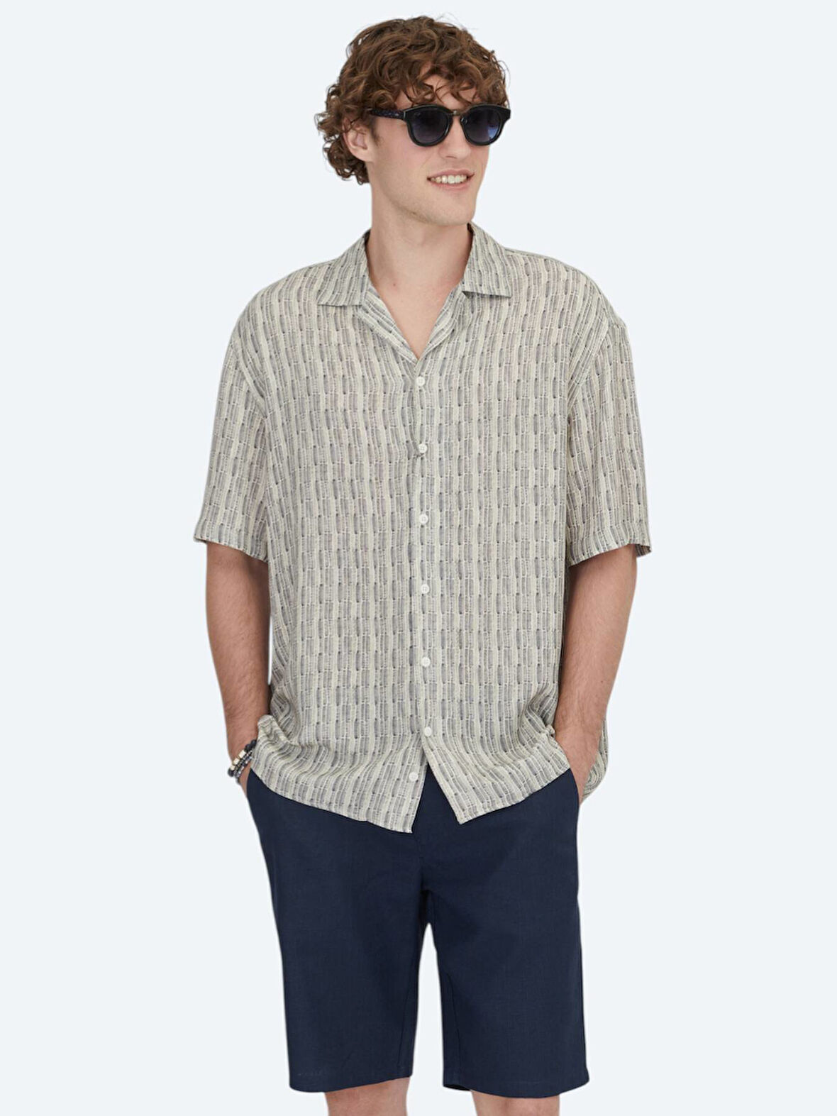 Mavi Desenli Oversize Fit Dokuma Casual Gömlek