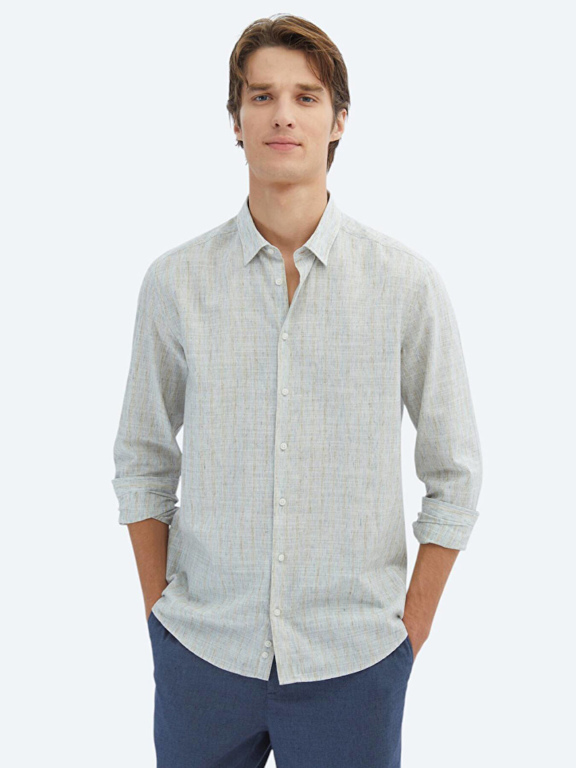 Mavi Çizgili Regular Fit Dokuma Casual Pamuk Karışımlı Gömlek
