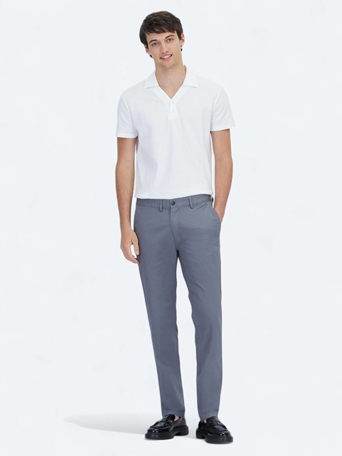 Gri Düz Dokuma Regular Fit Casual Pamuk Karışımlı Pantolon