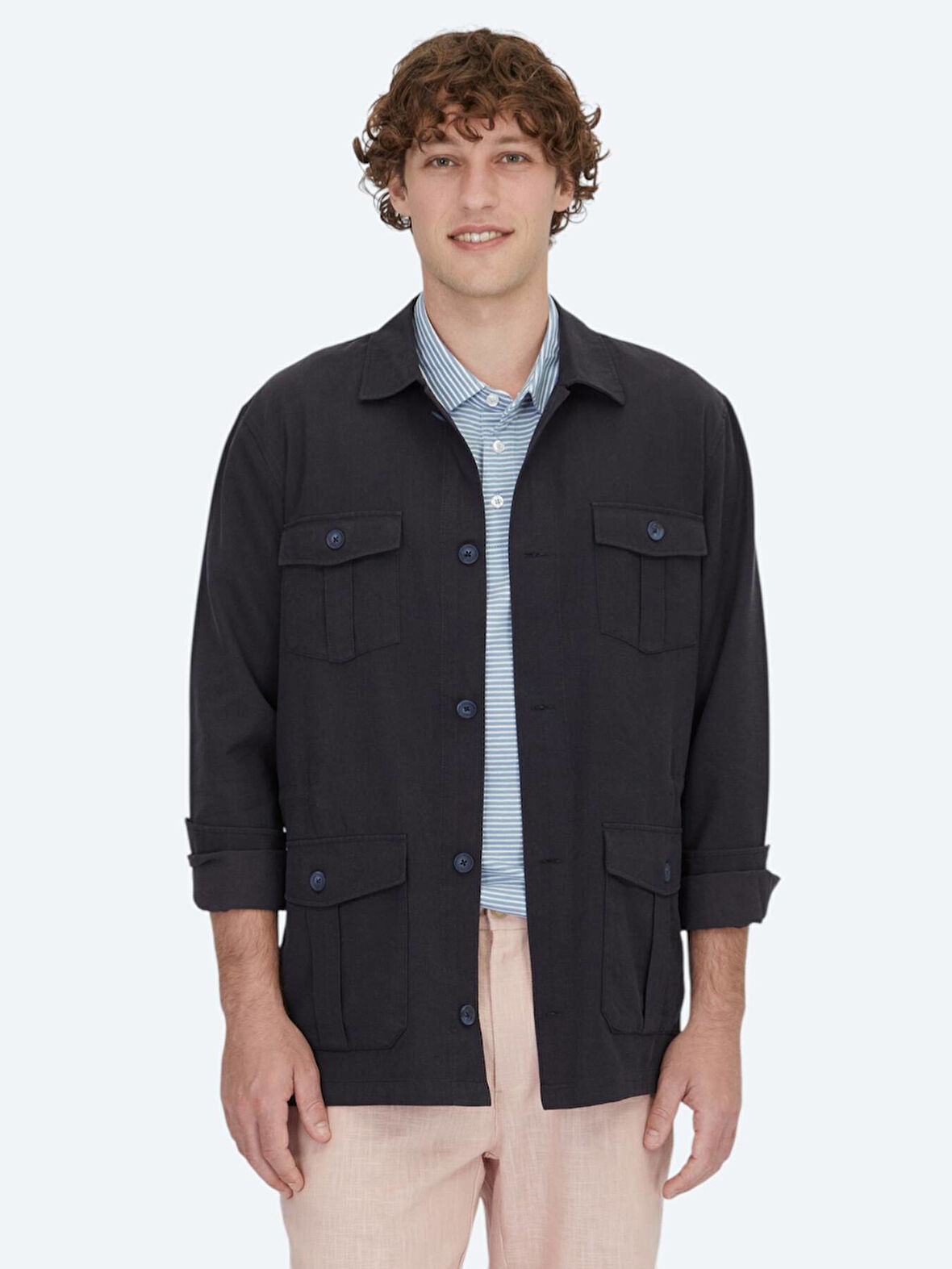 Lacivert Oversize Fit Dokuma Pamuk Karışımlı Overshırt