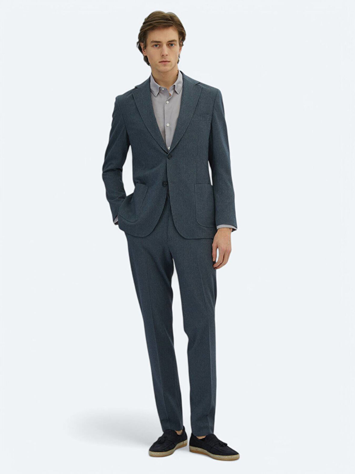 Açık Lacivert Çizgili Modern Fit Örme Takım Elbise