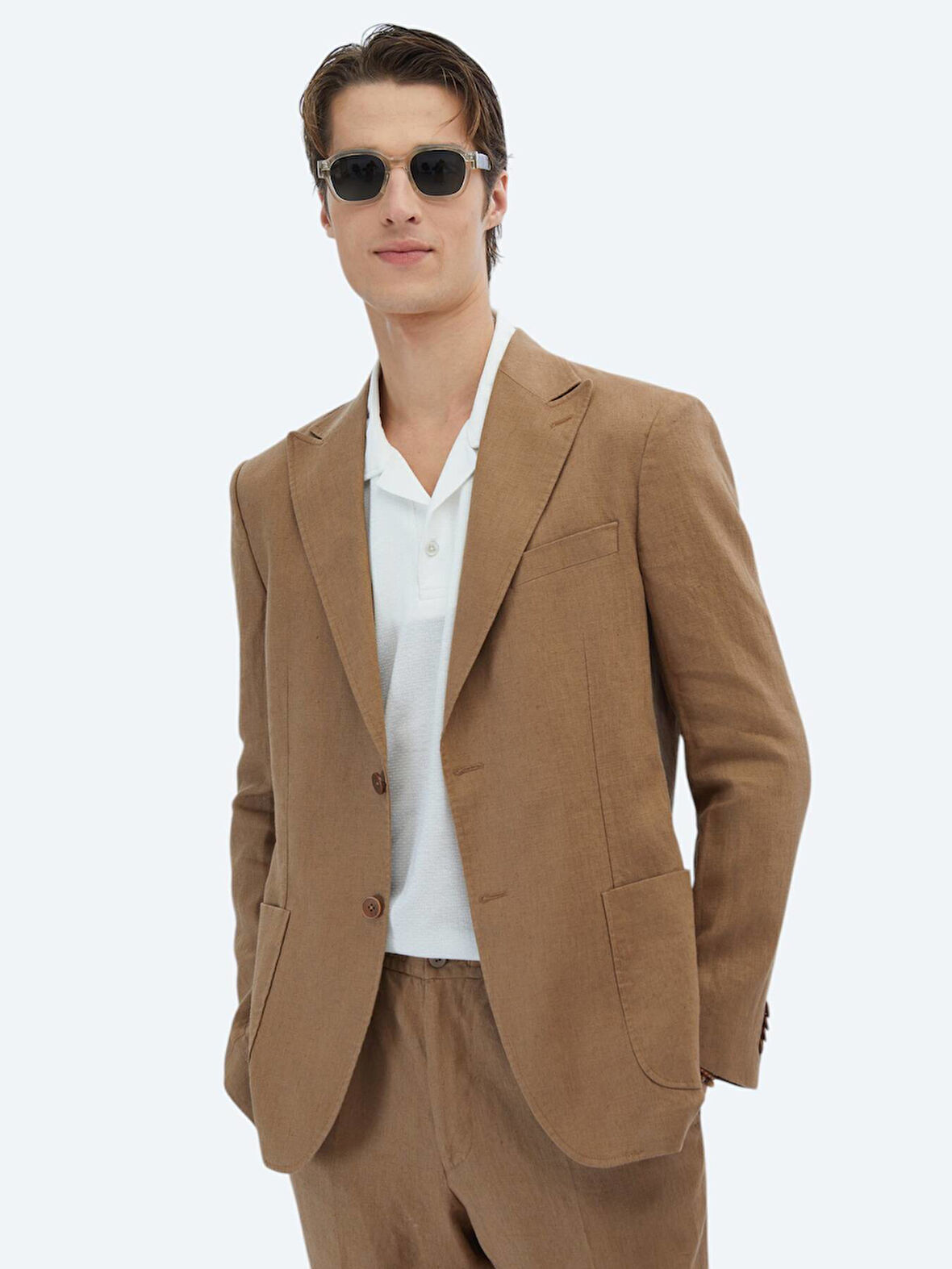 Kahverengi Düz Modern Fit %100 Keten Takım Elbise