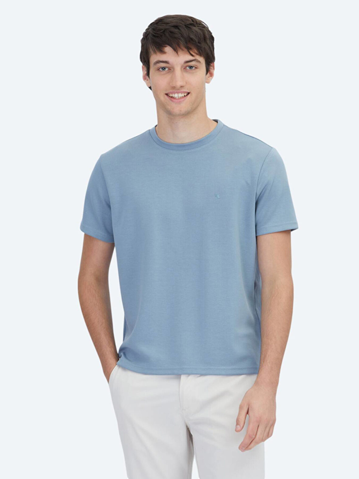 Mavi Düz Bisiklet Yaka T-Shirt