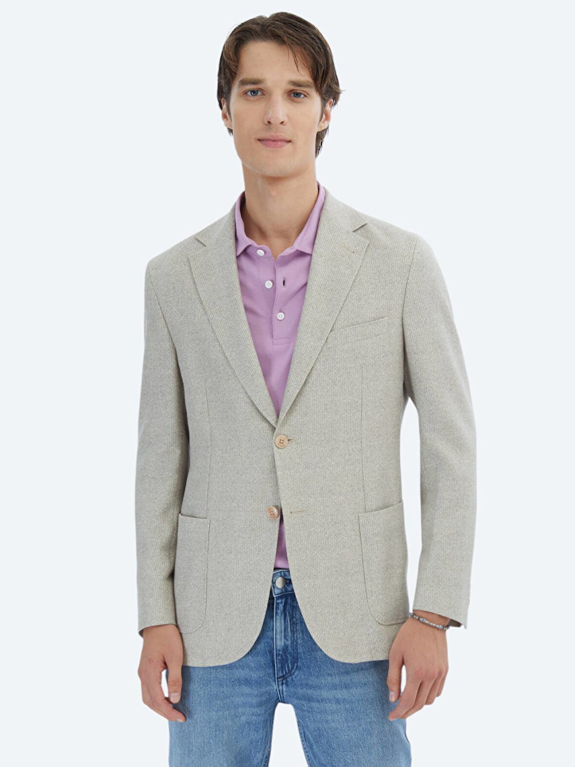 Açık Haki Desenli Modern Fit Keten Karışımlı Ceket