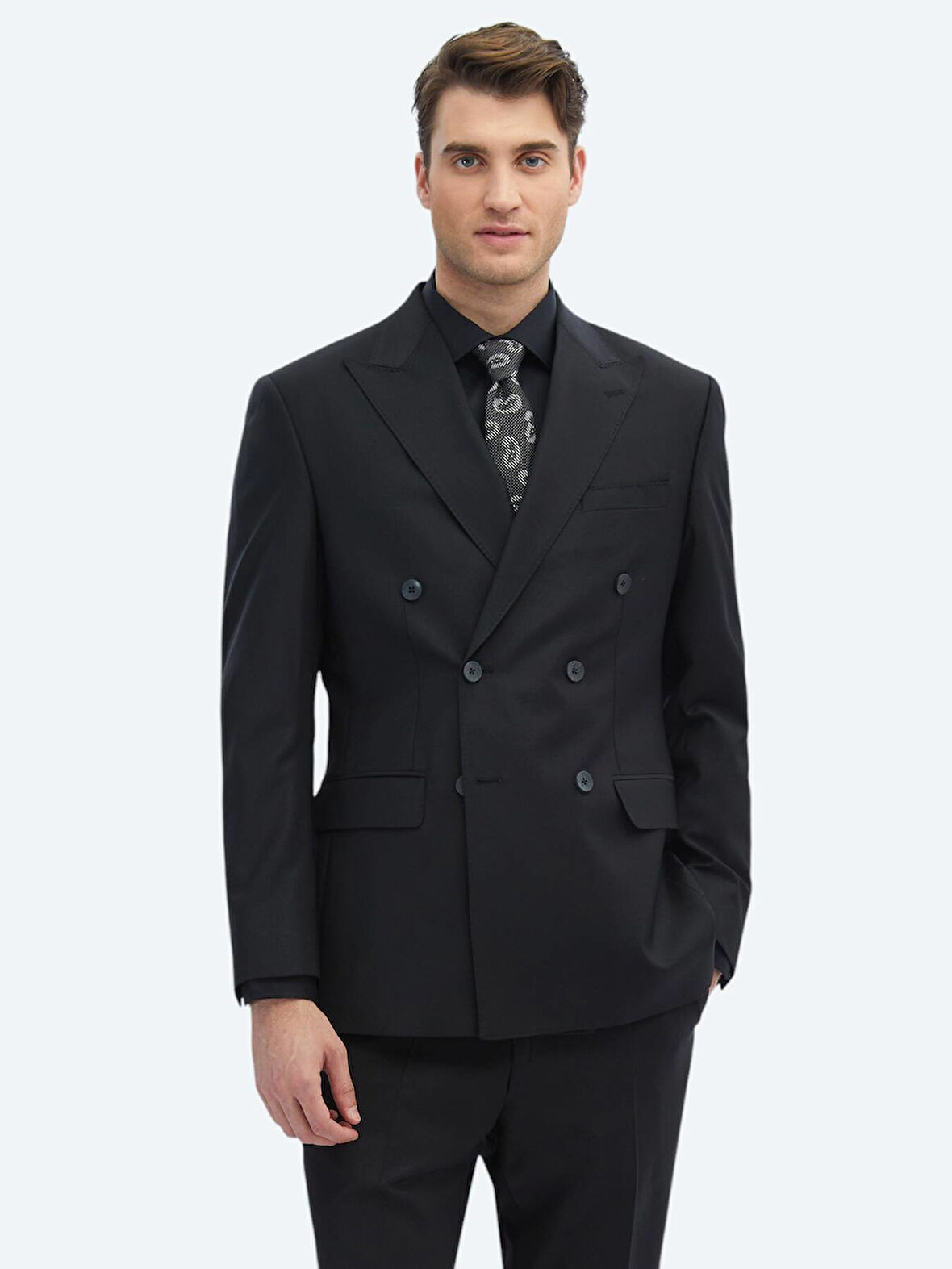 Siyah Düz Modern Fit Yün Karışımlı Takım Elbise