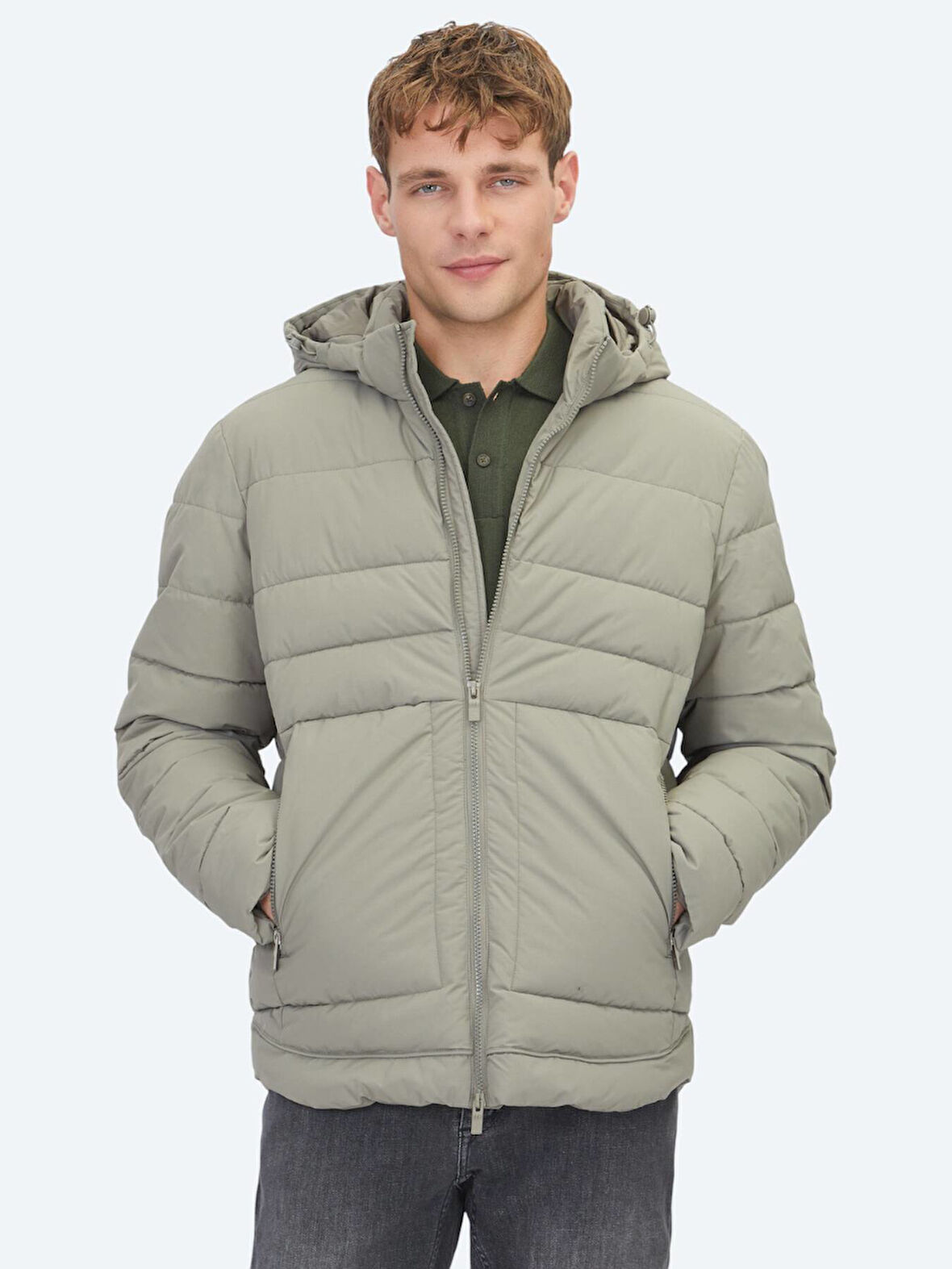 Haki Regular Fit Kapüşonlu Casual Dokuma Mont