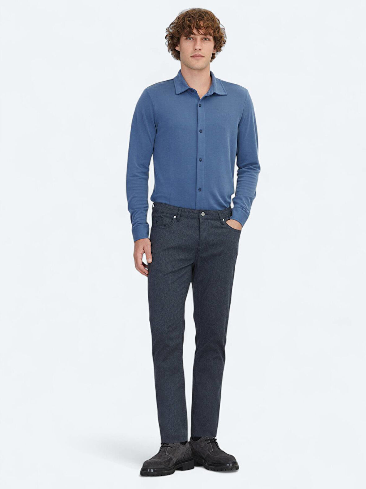 Lacivert Dokuma Regular Fit Casual Pamuk Karışımlı Pantolon