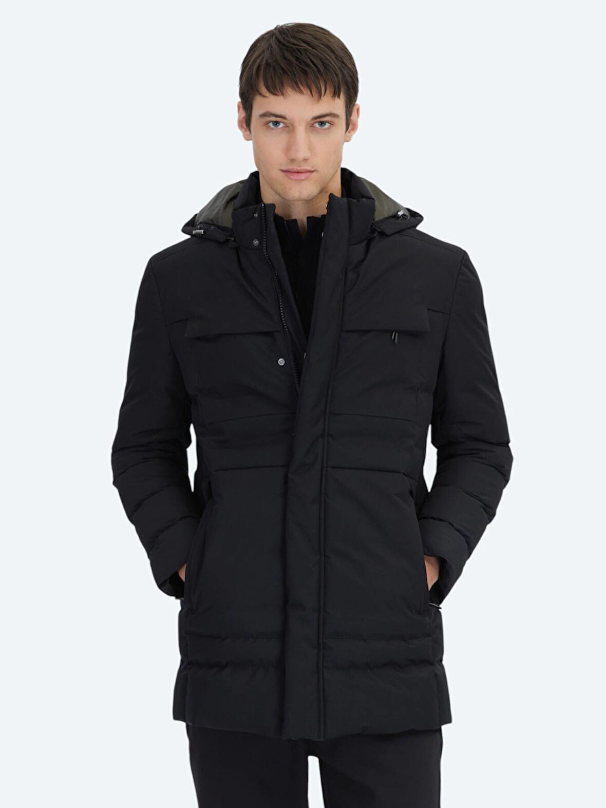 Siyah Regular Fit Kapüşonlu Casual Dokuma Kaban