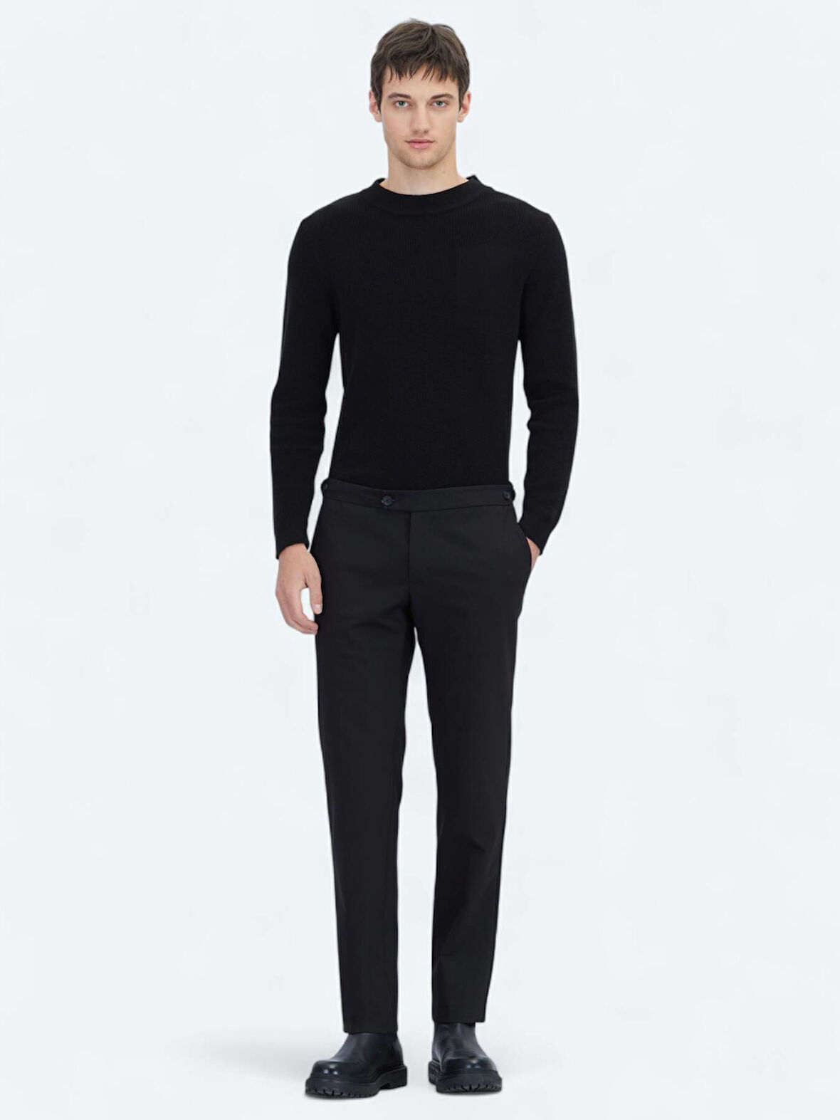 Siyah Dokuma Regular Fit Smart Casual Pamuk Karışımlı Pantolon