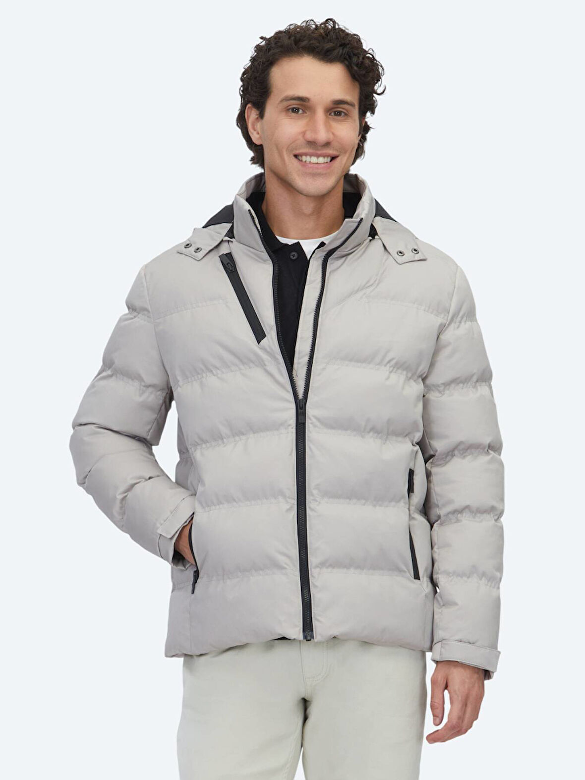 Bej Regular Fit Kapüşonlu Casual Dokuma Mont