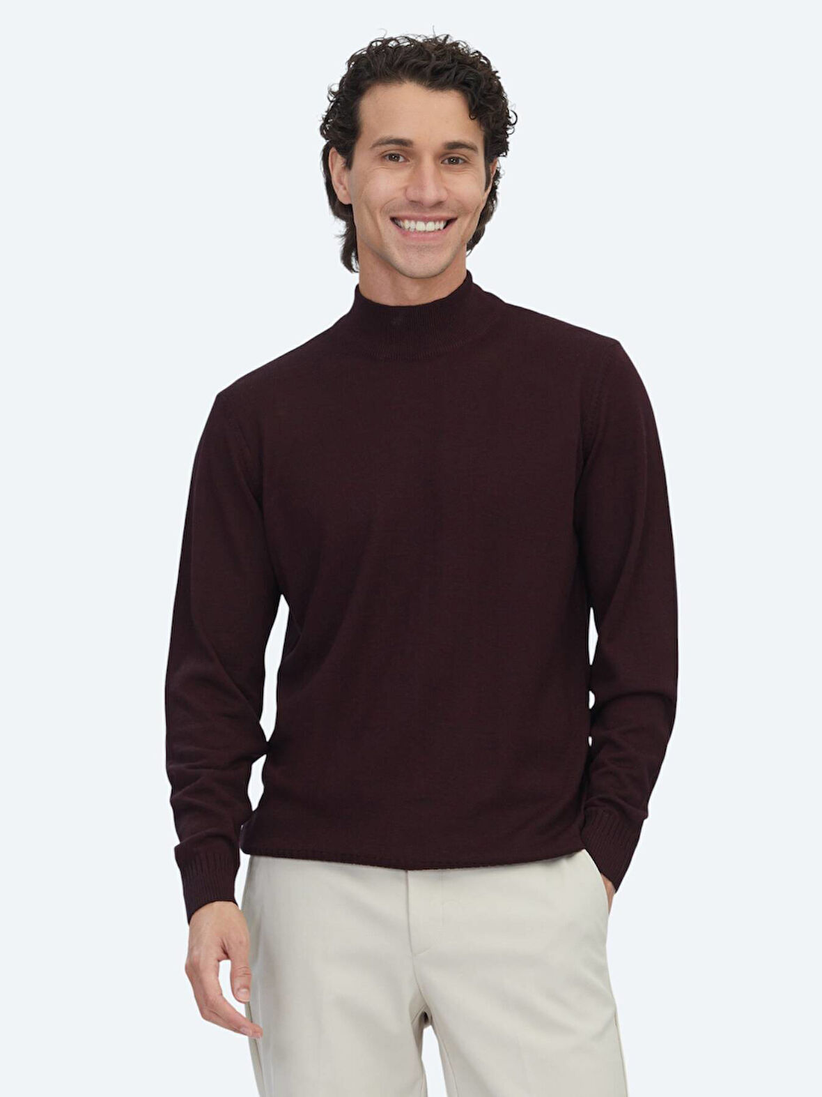 Bordo Yarım Balıkçı Yaka Jakarlı Yün Karışımlı Triko Kazak