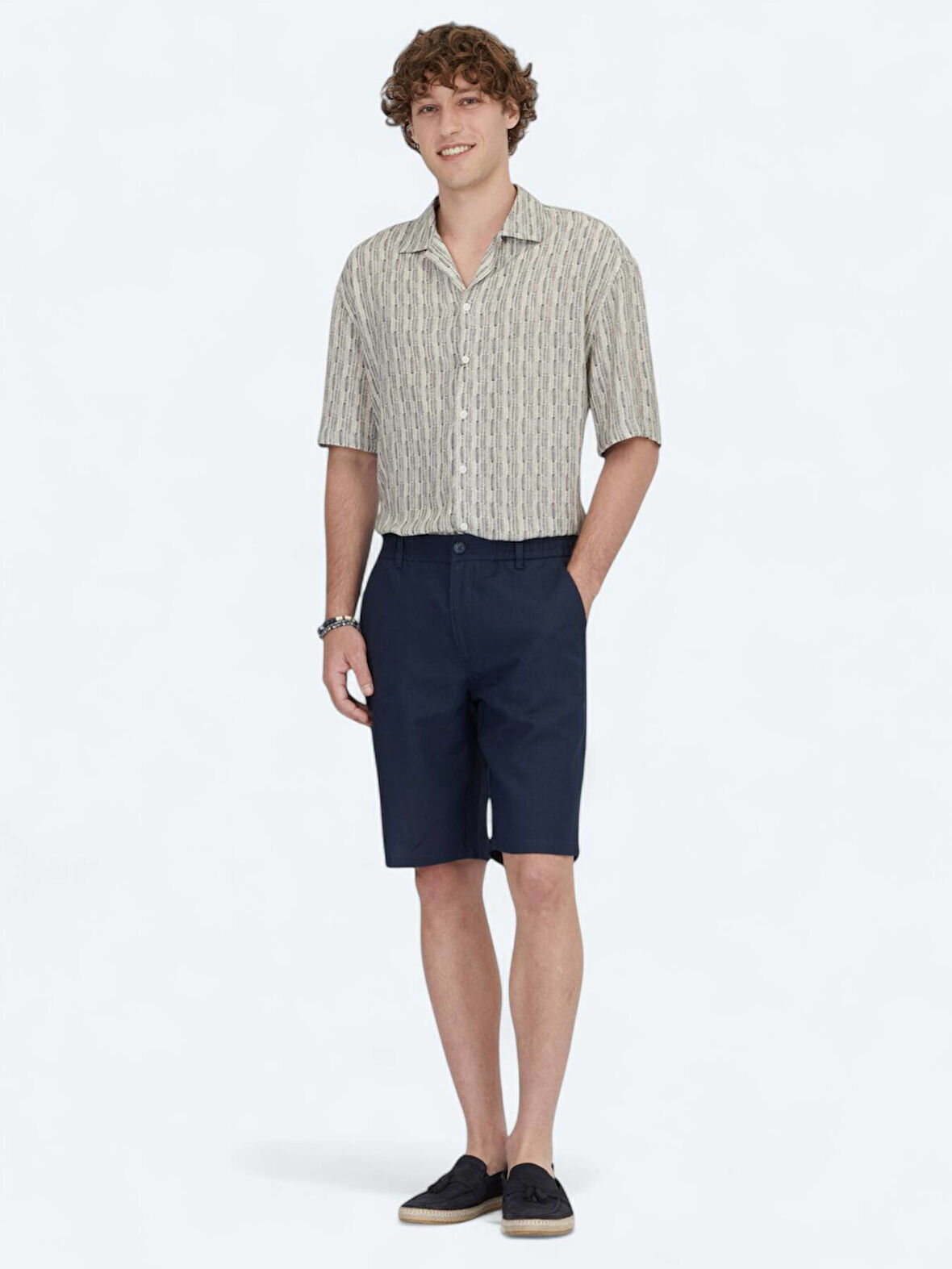 Lacivert Dokuma Jogging Fit Casual Pamuk Karışımlı Bermuda