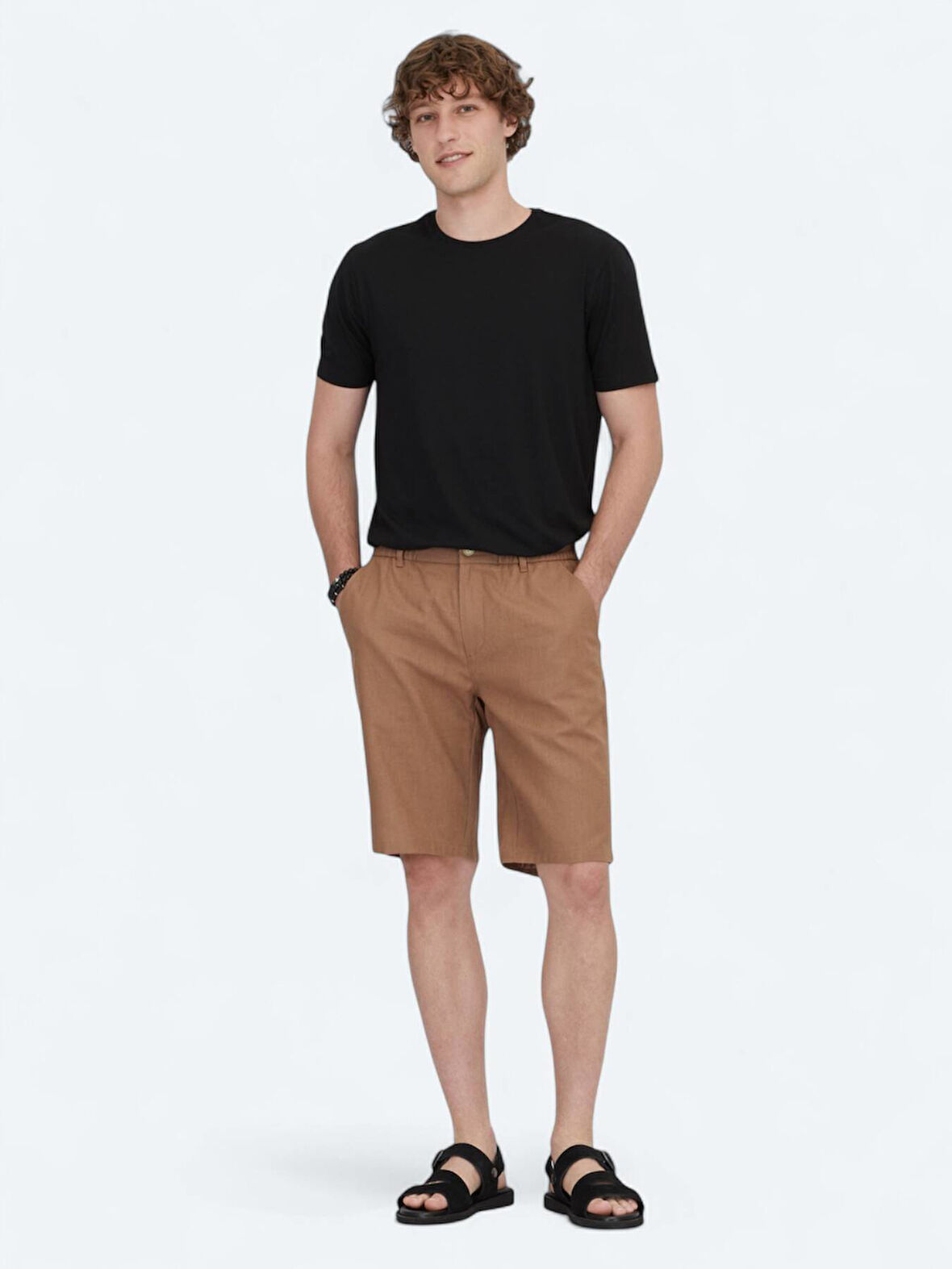 Kahverengi Dokuma Jogging Fit Casual Pamuk Karışımlı Bermuda