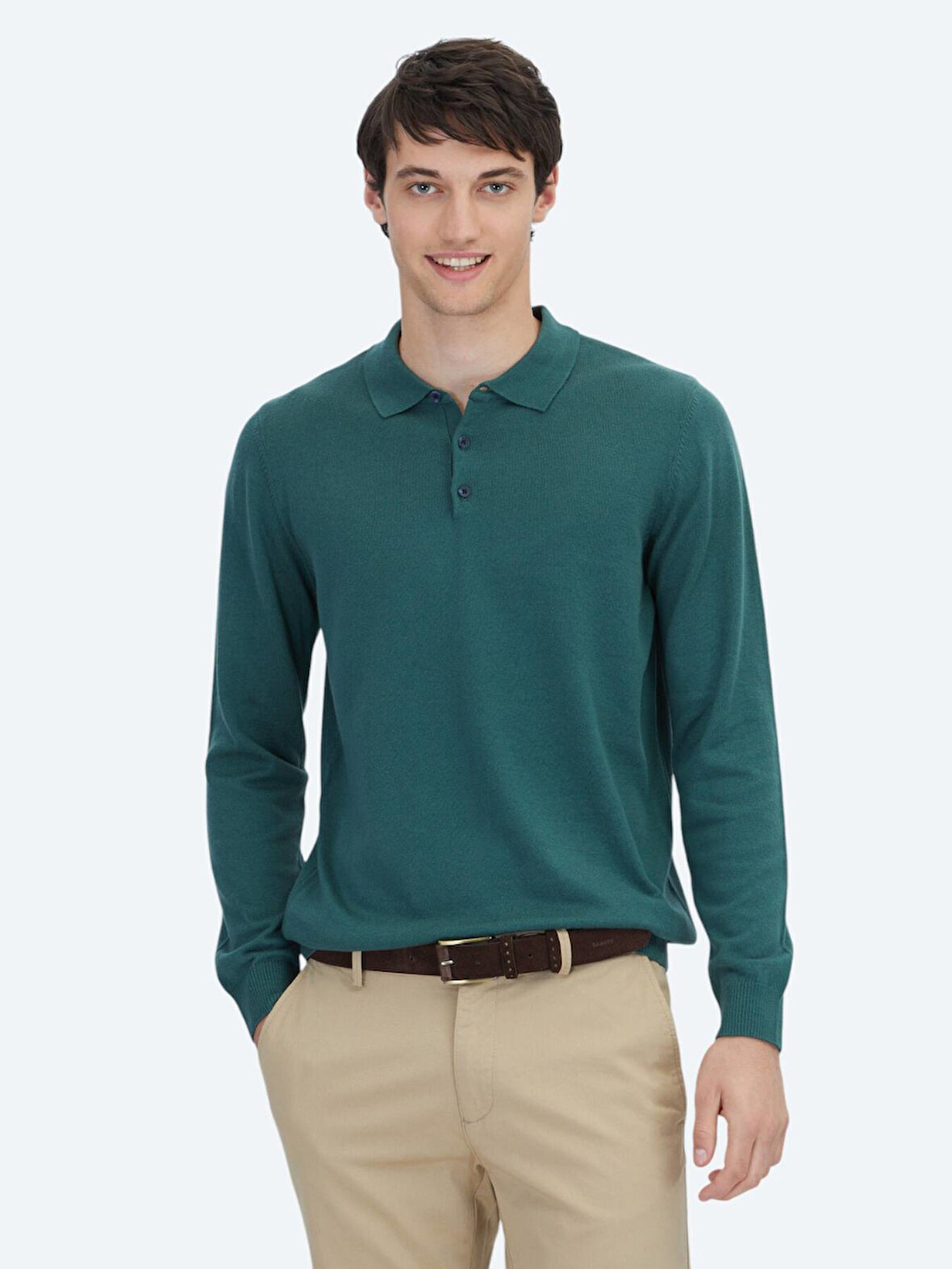 Mint Polo Yaka Düz Örgü Pamuk Karışımlı Triko Kazak