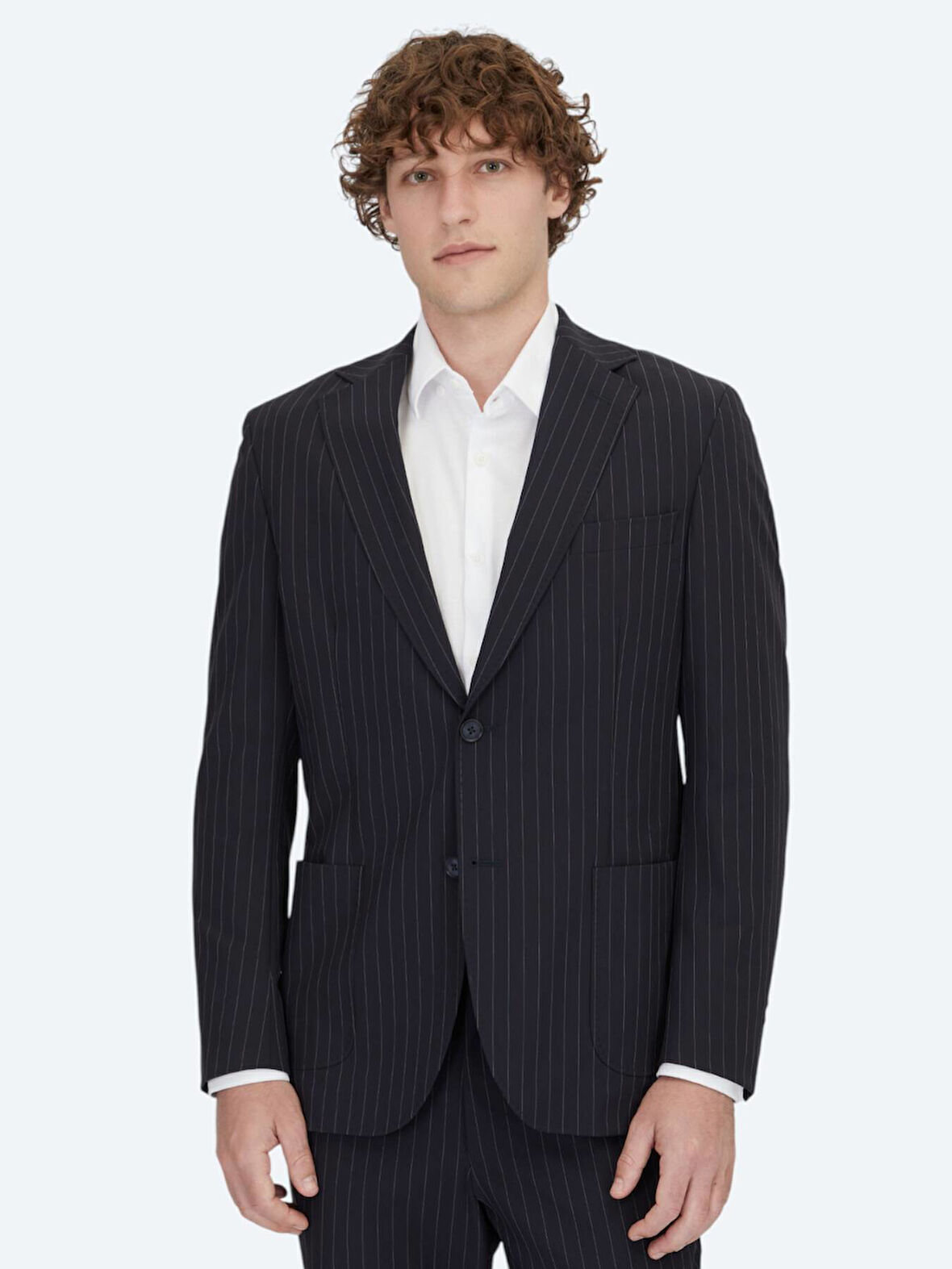 Lacivert Çizgili Modern Fit Örme Takım Elbise