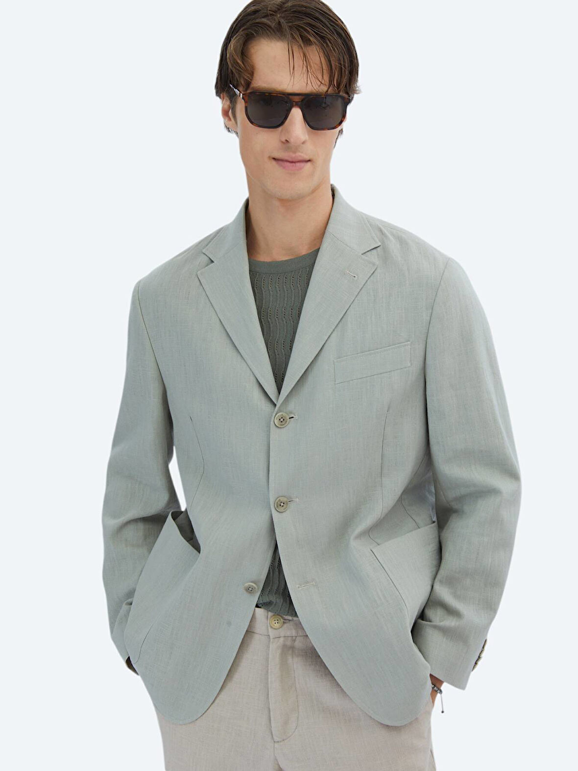 Nil Yeşili Düz Comfort Fit Pamuk Karışımlı Ceket