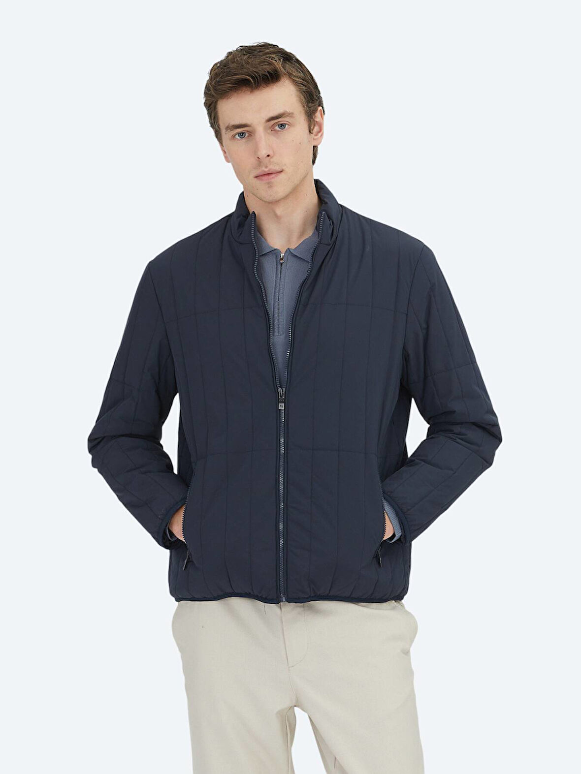 Lacivert Regular Fit Dik Yaka Casual Dokuma Mont