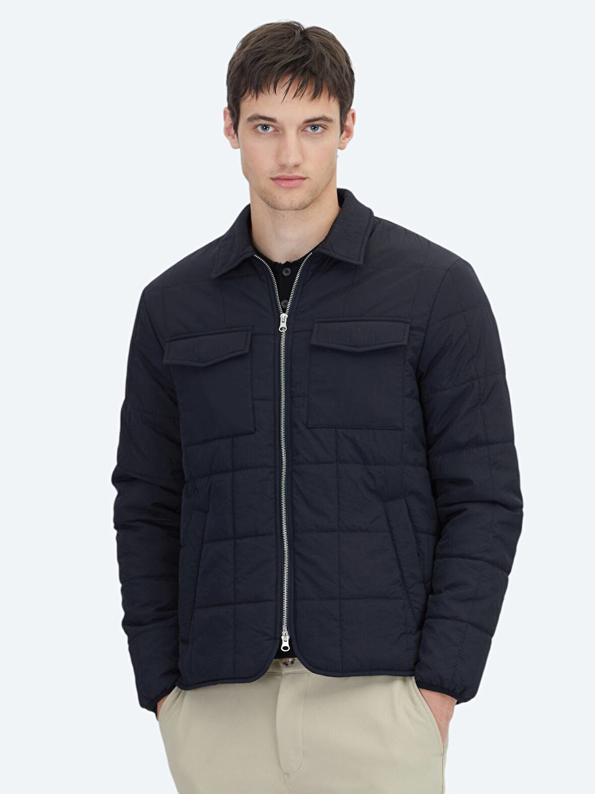 Siyah Regular Fit Bebe Yaka Casual Dokuma Mont