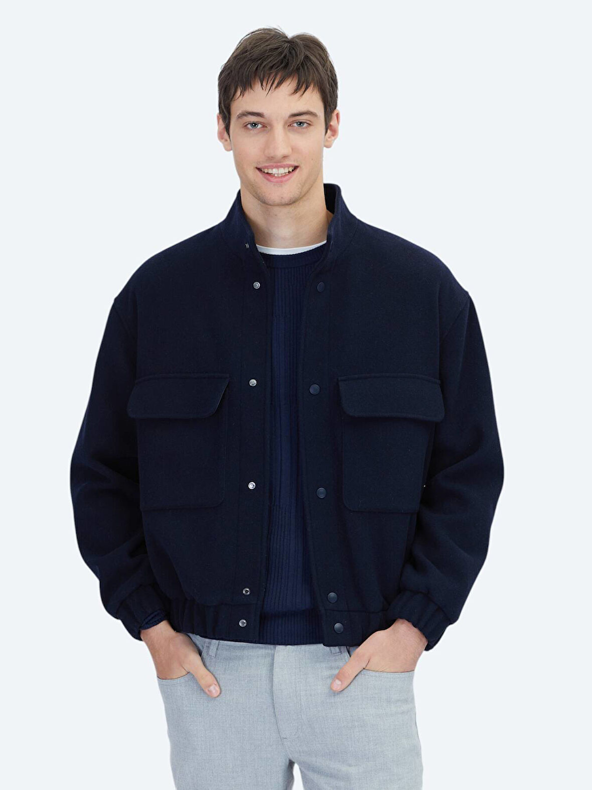 Lacivert Comfort Fit Dik Yaka Casual Dokuma Mont