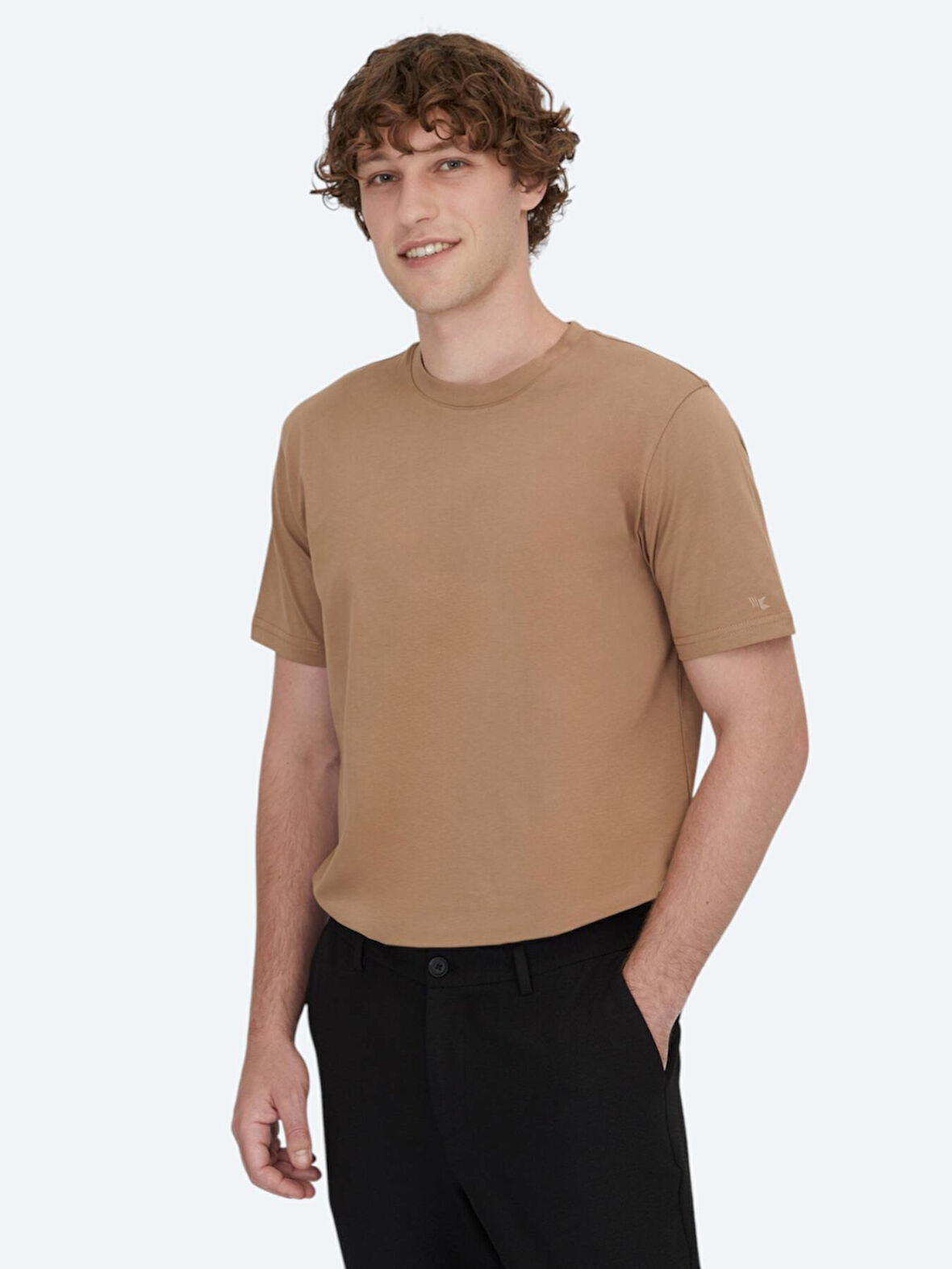 Kahverengi Bisiklet Yaka %100 Pamuk T-Shirt