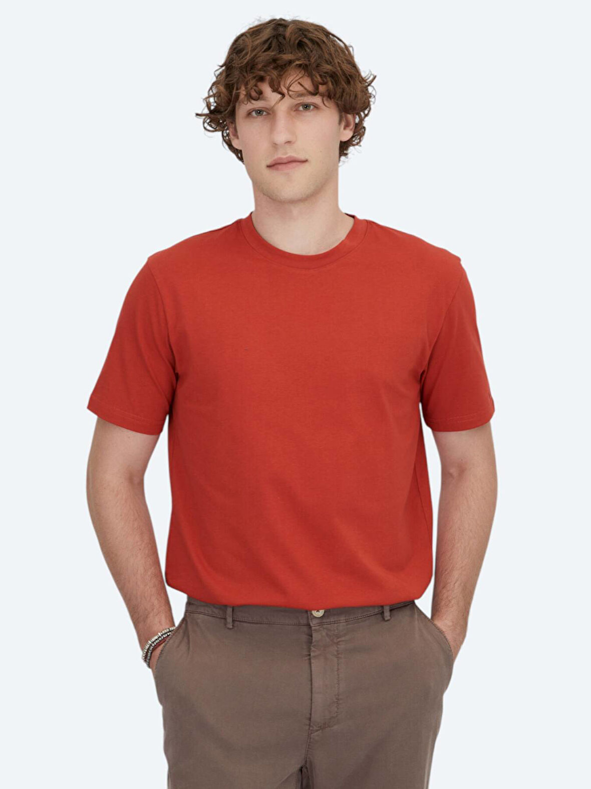 Koyu Turuncu Bisiklet Yaka %100 Pamuk T-Shirt