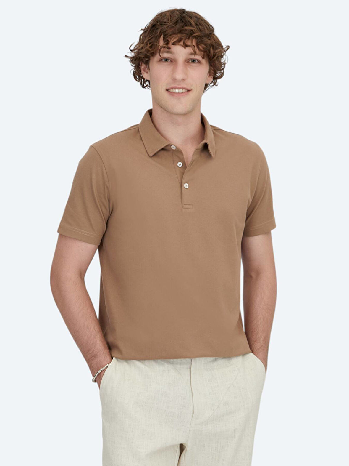 Kahverengi Polo Yaka Pamuk Karışımlı T-Shirt