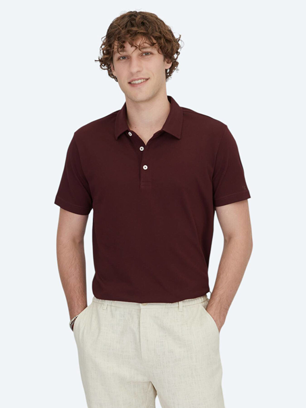 Bordo Polo Yaka Pamuk Karışımlı T-Shirt