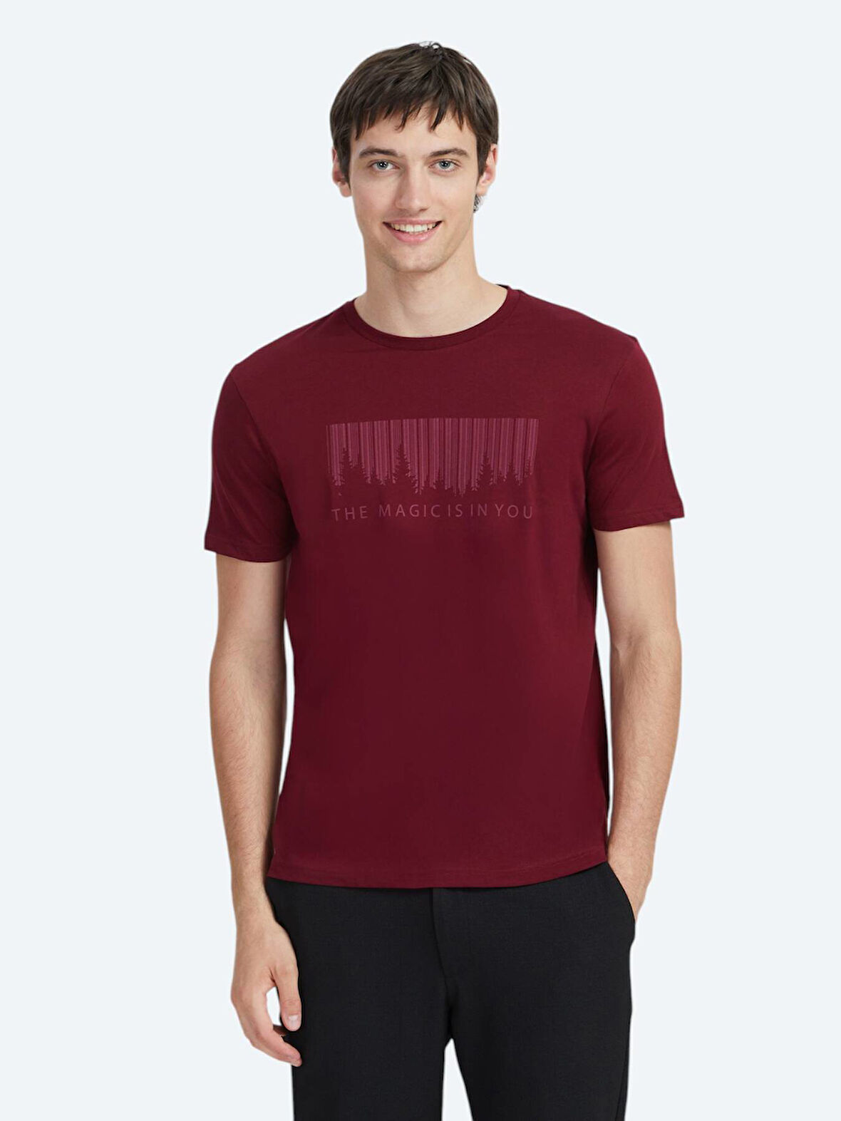Bordo Baskılı Bisiklet Yaka %100 Pamuk T-Shirt
