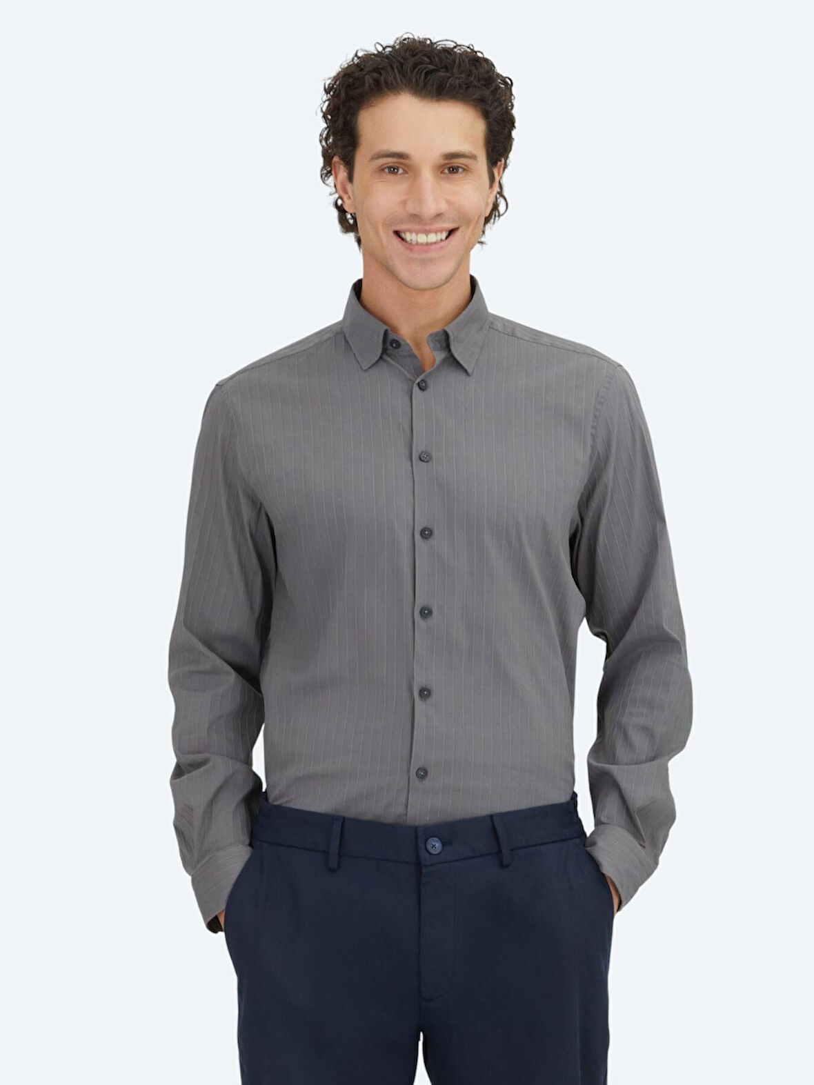Antrasit Çizgili Regular Fit Dokuma Spor Pamuk Karışımlı Gömlek