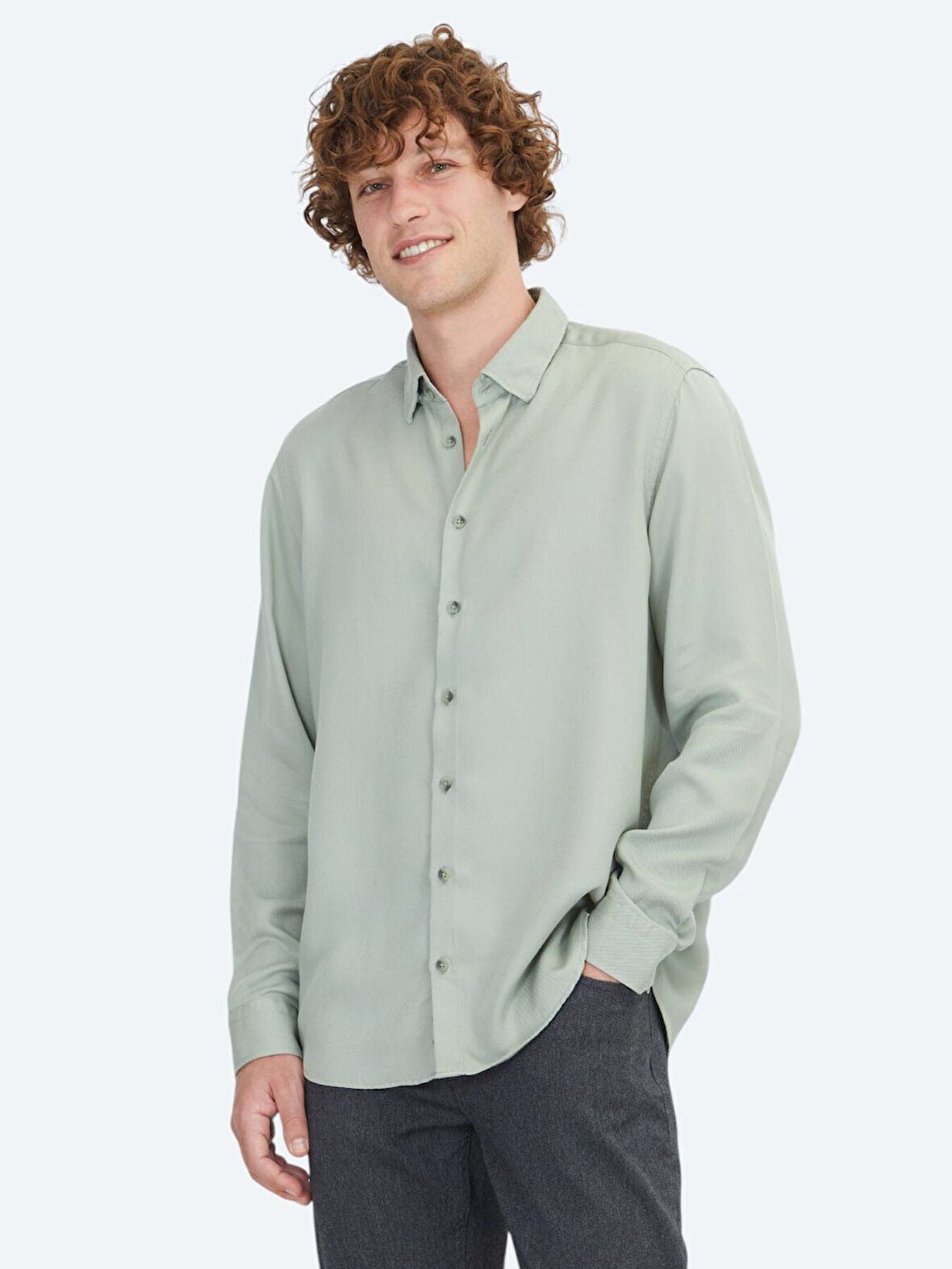 Mint Regular Fit Dokuma Casual Gömlek