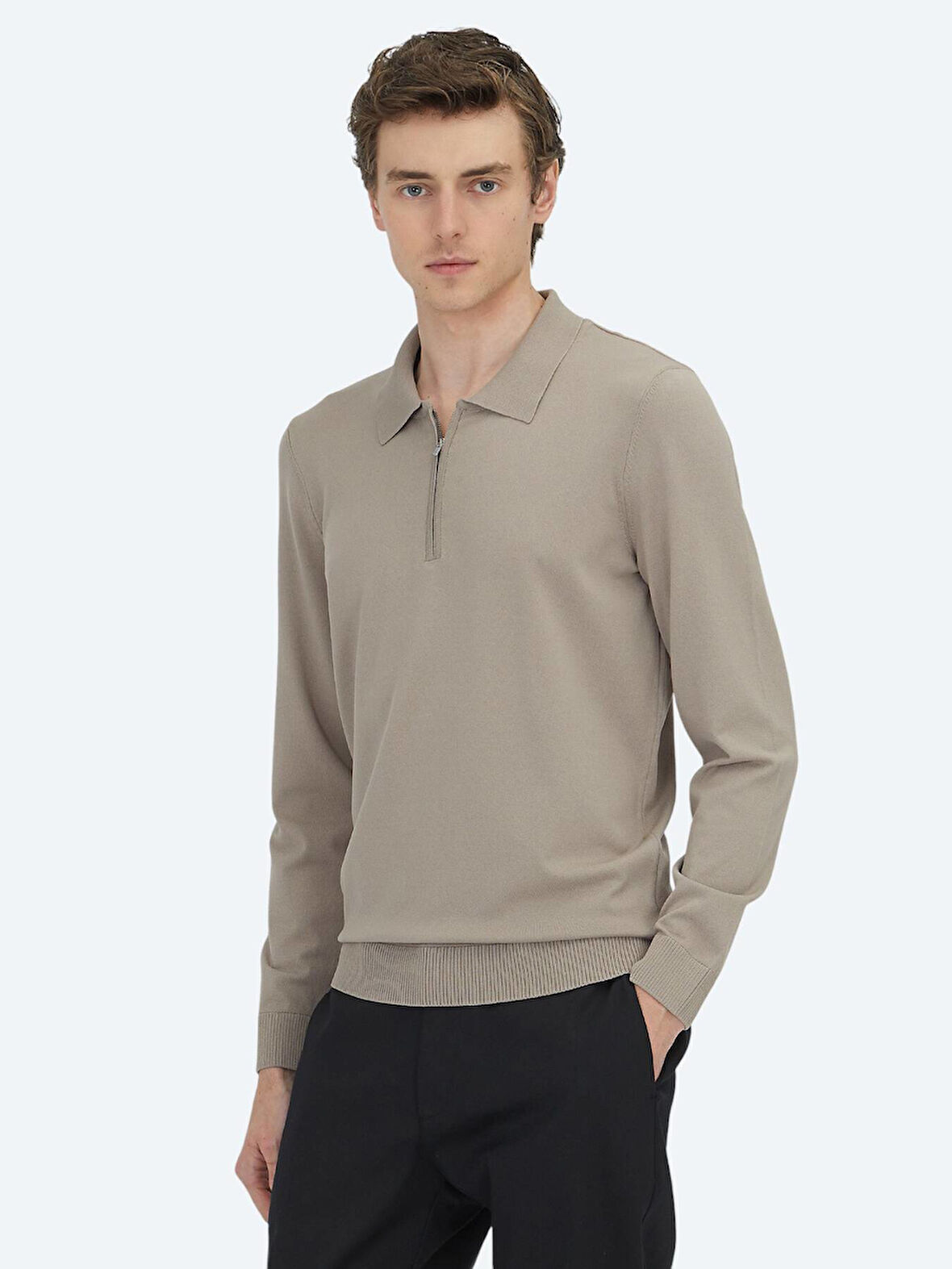 Açık Vizon Polo Yaka Düz Örgü Triko Kazak