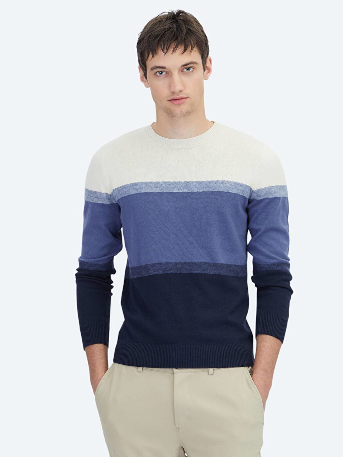 Lacivert Bisiklet Yaka Jakarlı Pamuk Karışımlı Triko Kazak