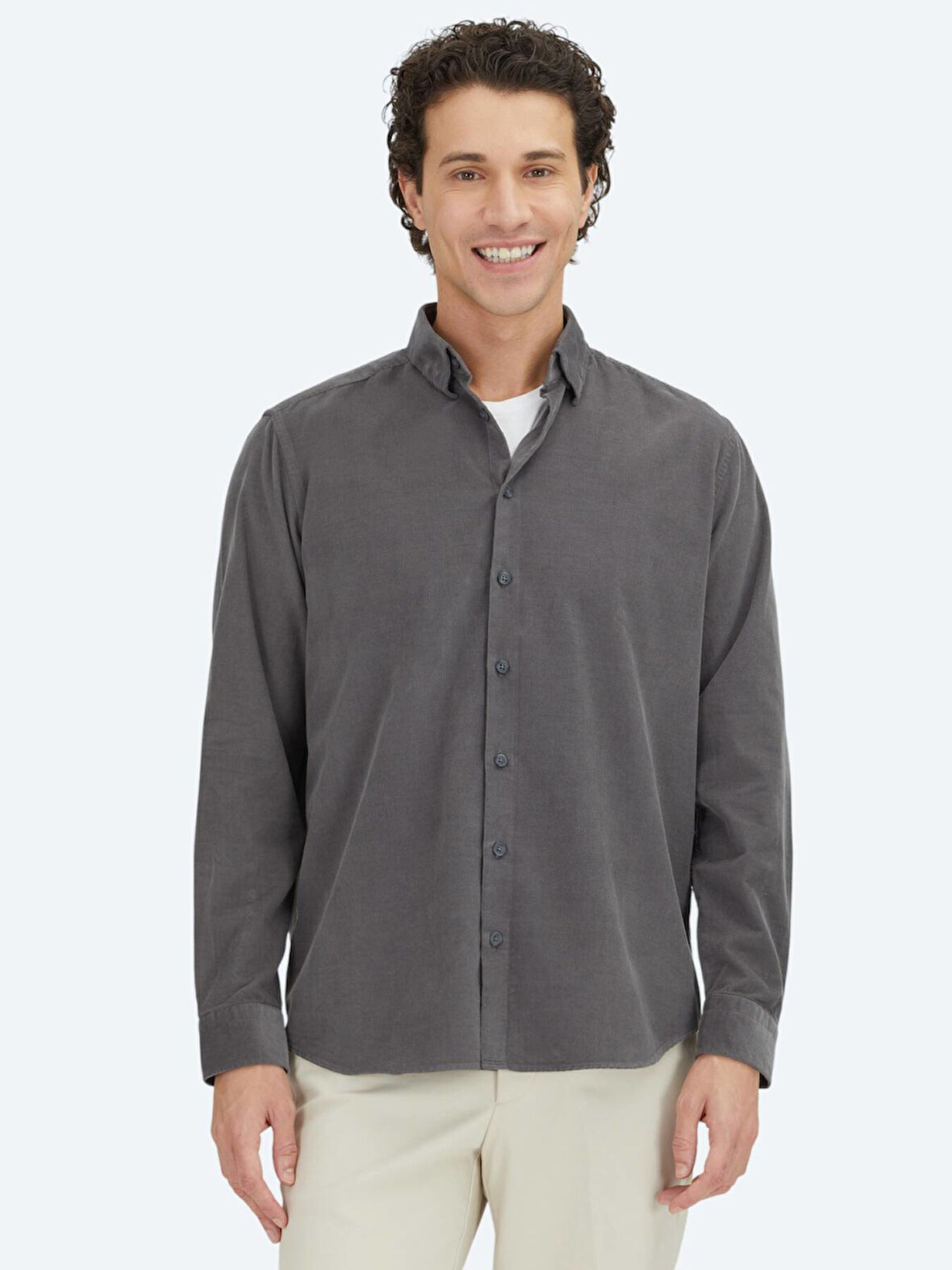 Gri Çizgili Regular Fit Dokuma Kadife Casual %100 Pamuk Gömlek