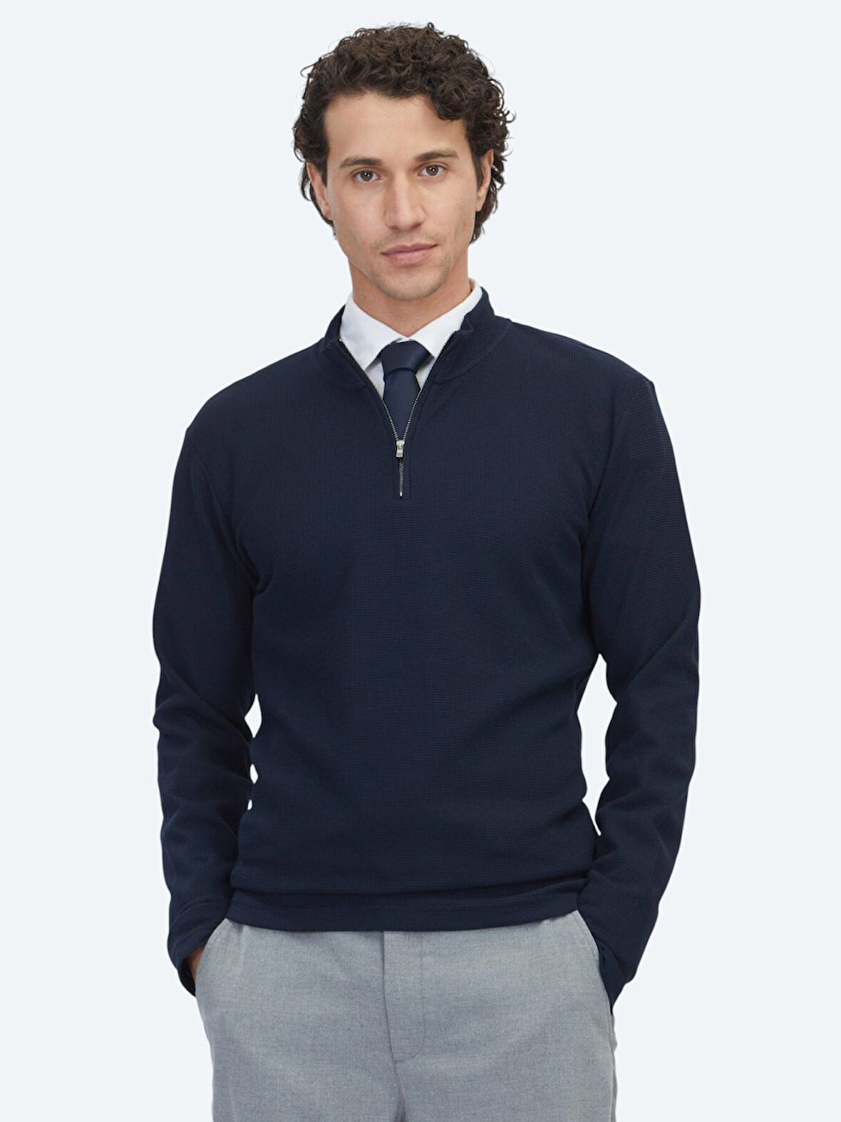 Lacivert Fitilli Bisiklet Yaka T-Shirt