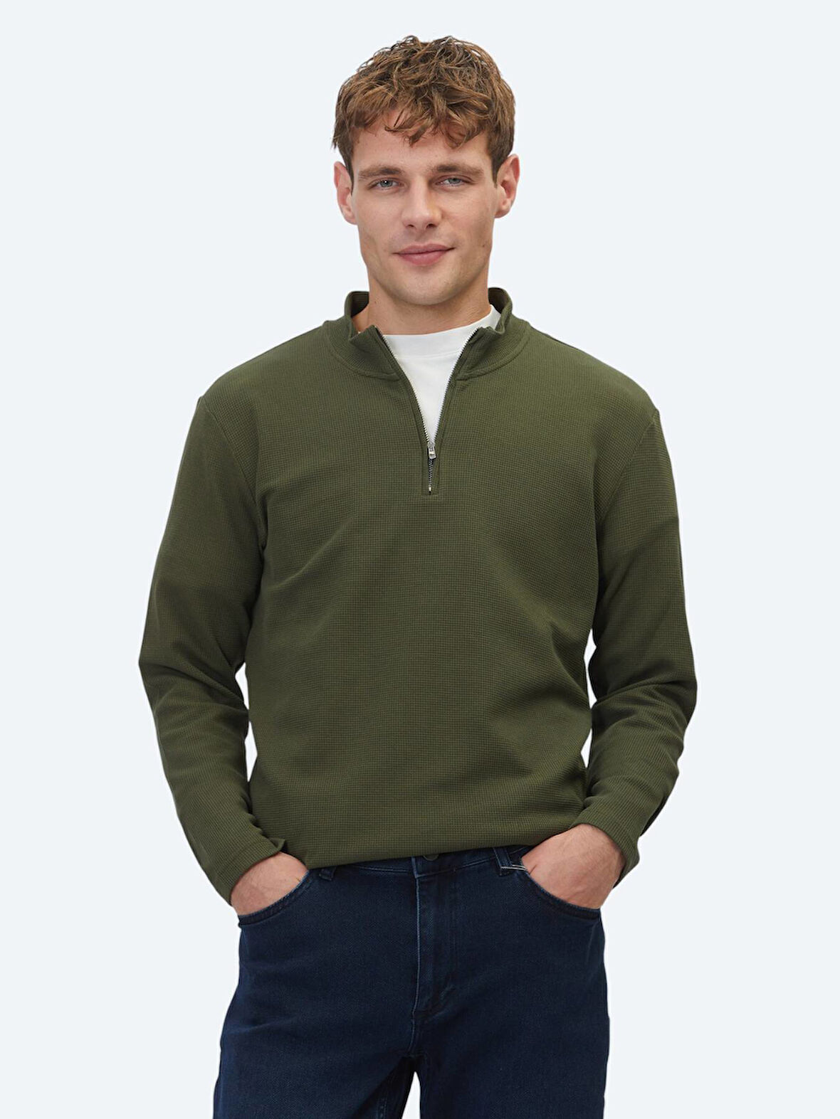 Haki Fitilli Bisiklet Yaka T-Shirt