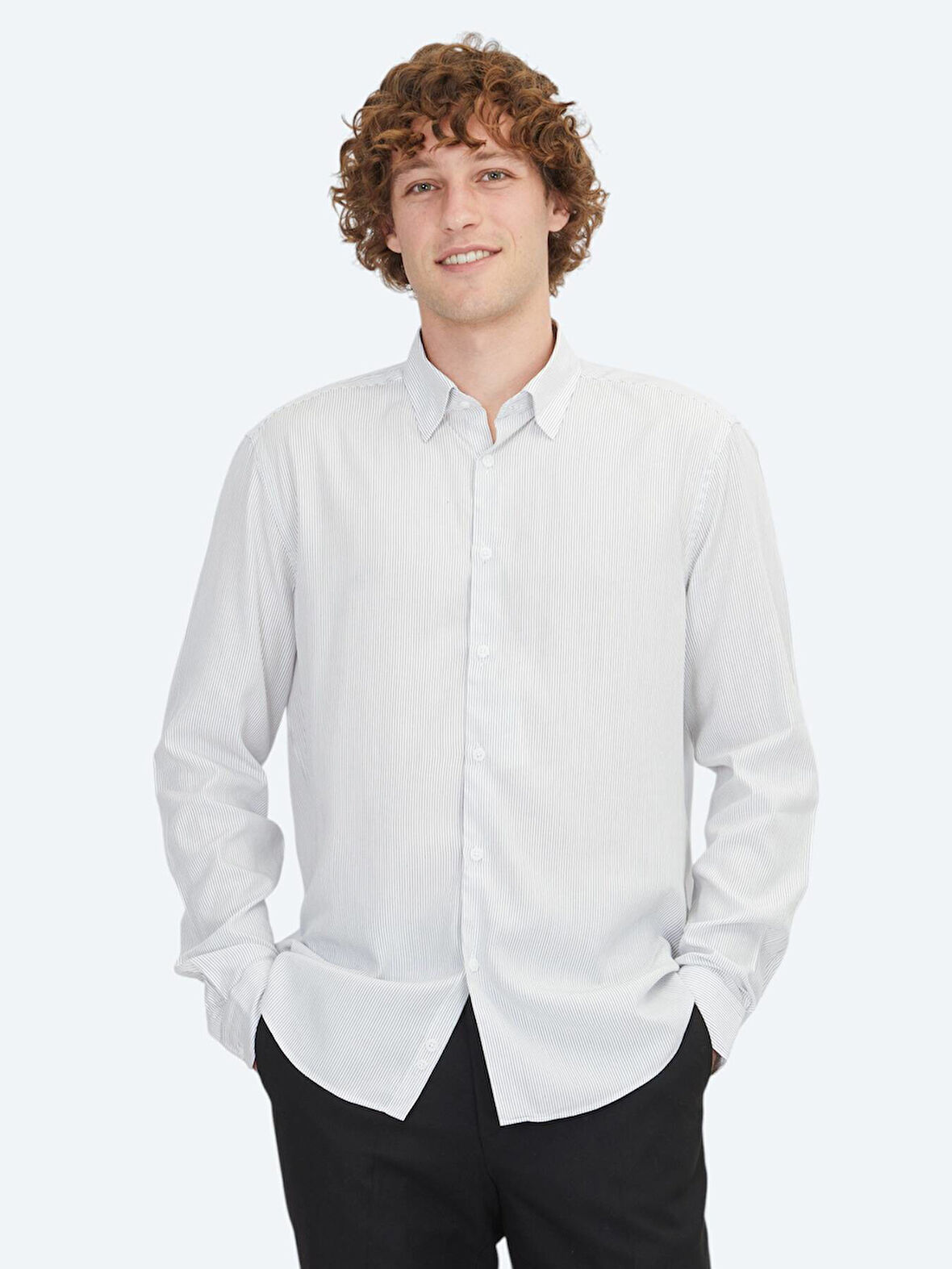 Beyaz Çizgili Regular Fit Dokuma Casual Gömlek