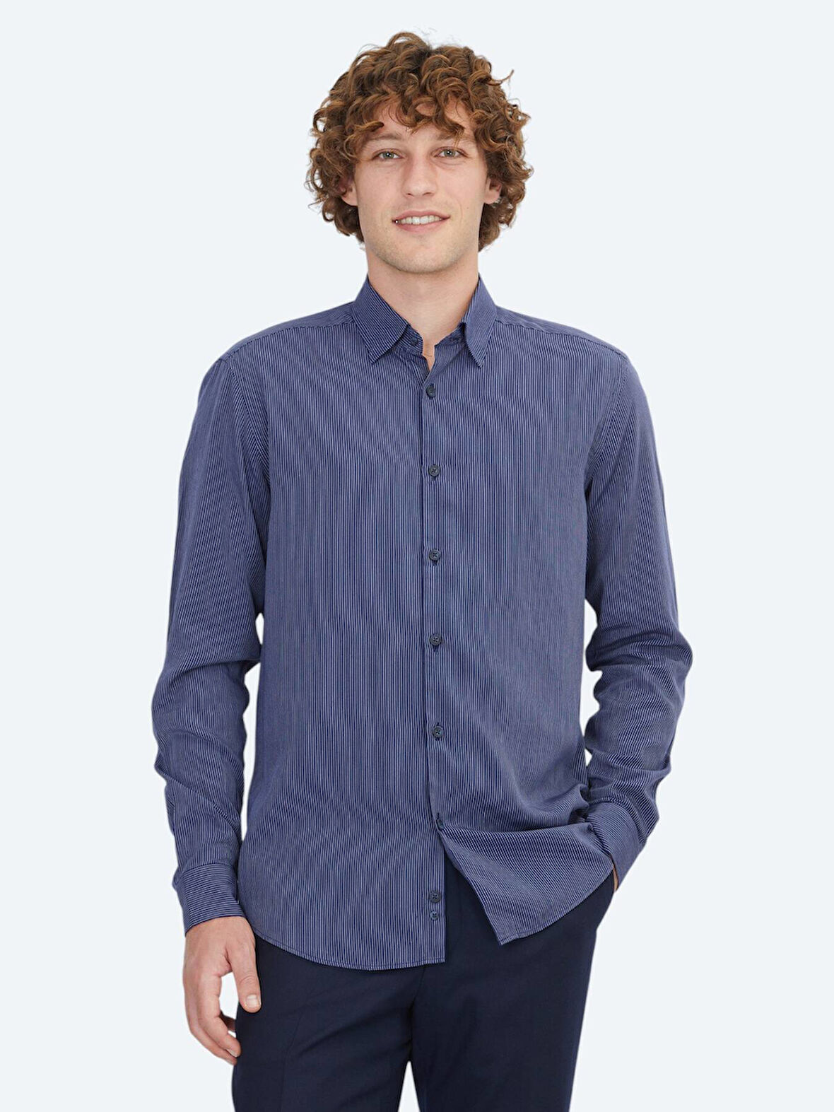 Lacivert Çizgili Regular Fit Dokuma Casual Gömlek