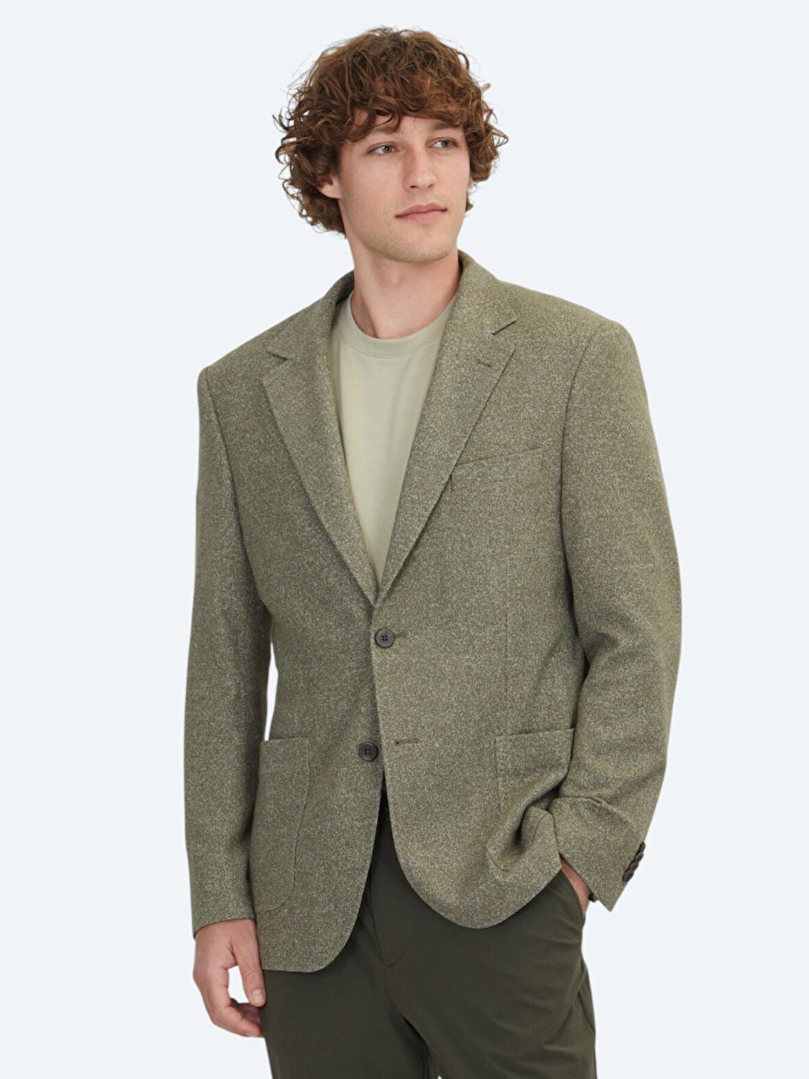 Haki Desenli Modern Fit Pamuk Karışımlı Örme Ceket