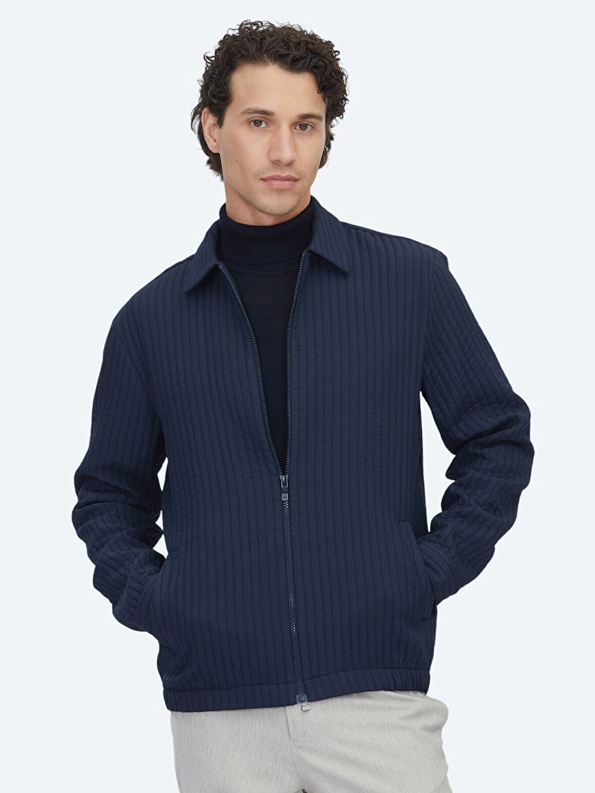 Lacivert Regular Fit Dokuma Overshırt