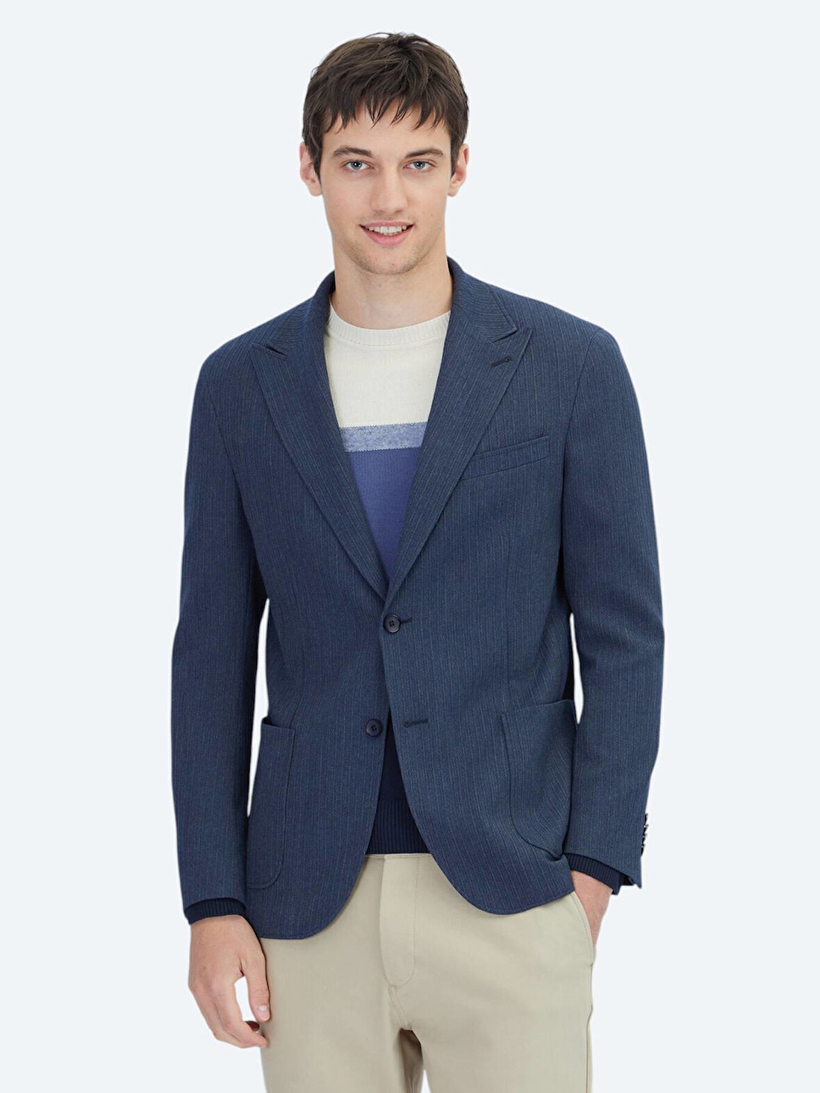 Koyu Lacivert Çizgili Modern Fit Ceket