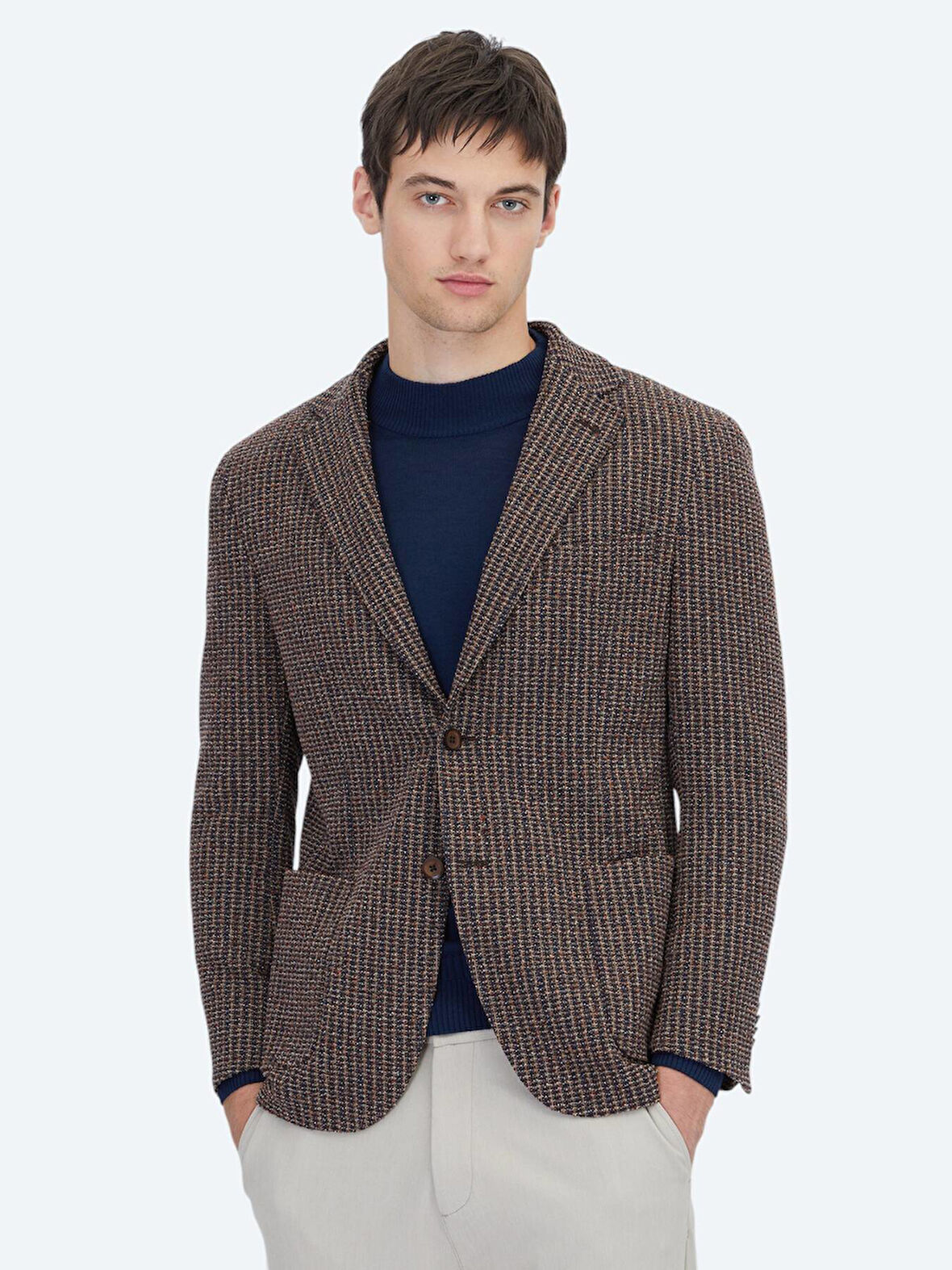 Lacivert Desenli Modern Fit Pamuk Karışımlı Örme Ceket