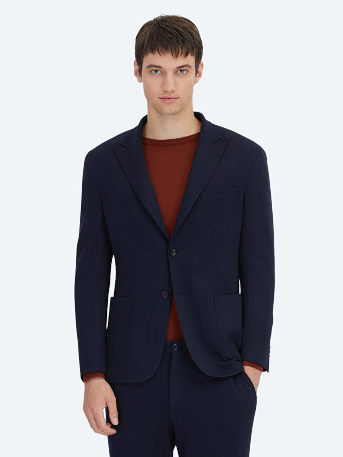 Lacivert Çizgili Modern Fit Örme Takım Elbise