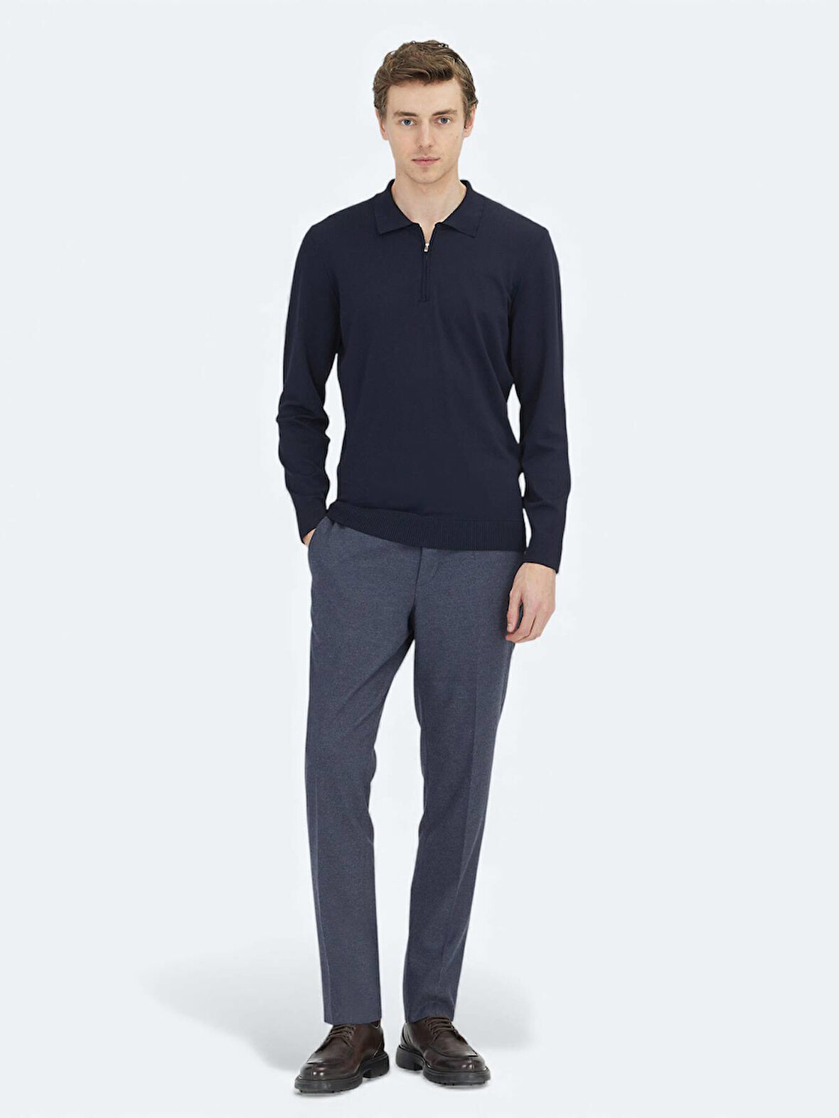 Açık Lacivert Düz Dokuma Fitted Fit Klasik Pantolon