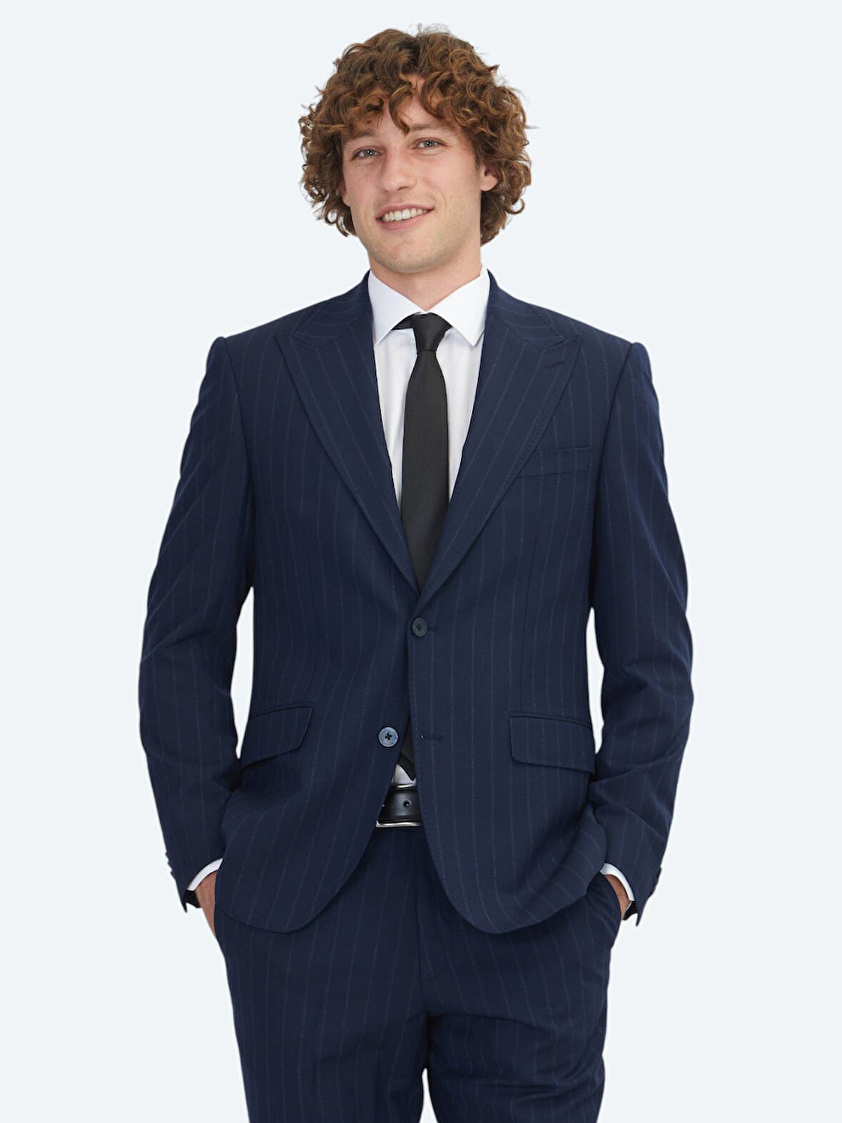 Lacivert Çizgili Modern Fit Yün Karışımlı Takım Elbise