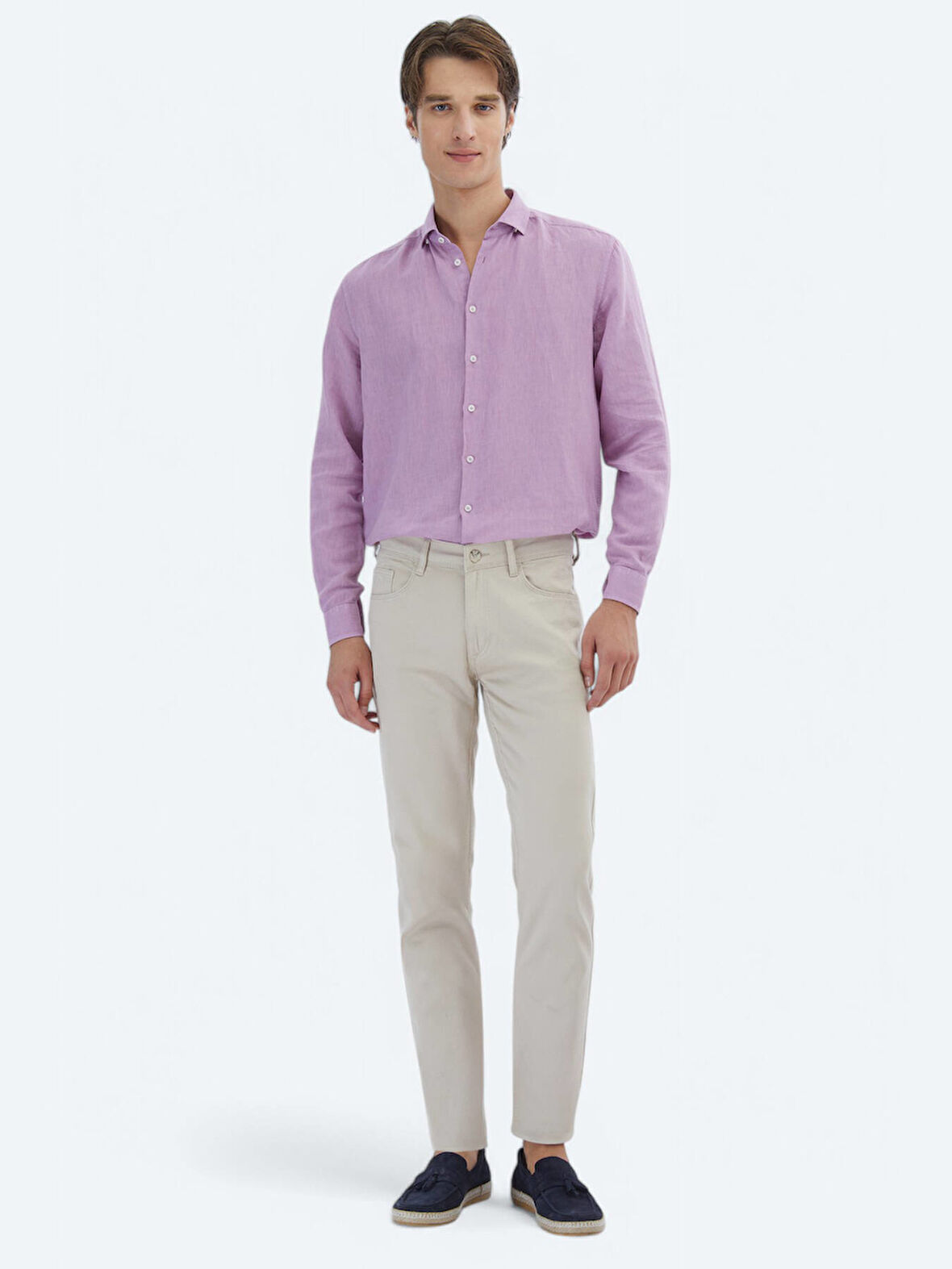 Bej Düz Dokuma Slim Fit Casual Pamuk Karışımlı Pantolon