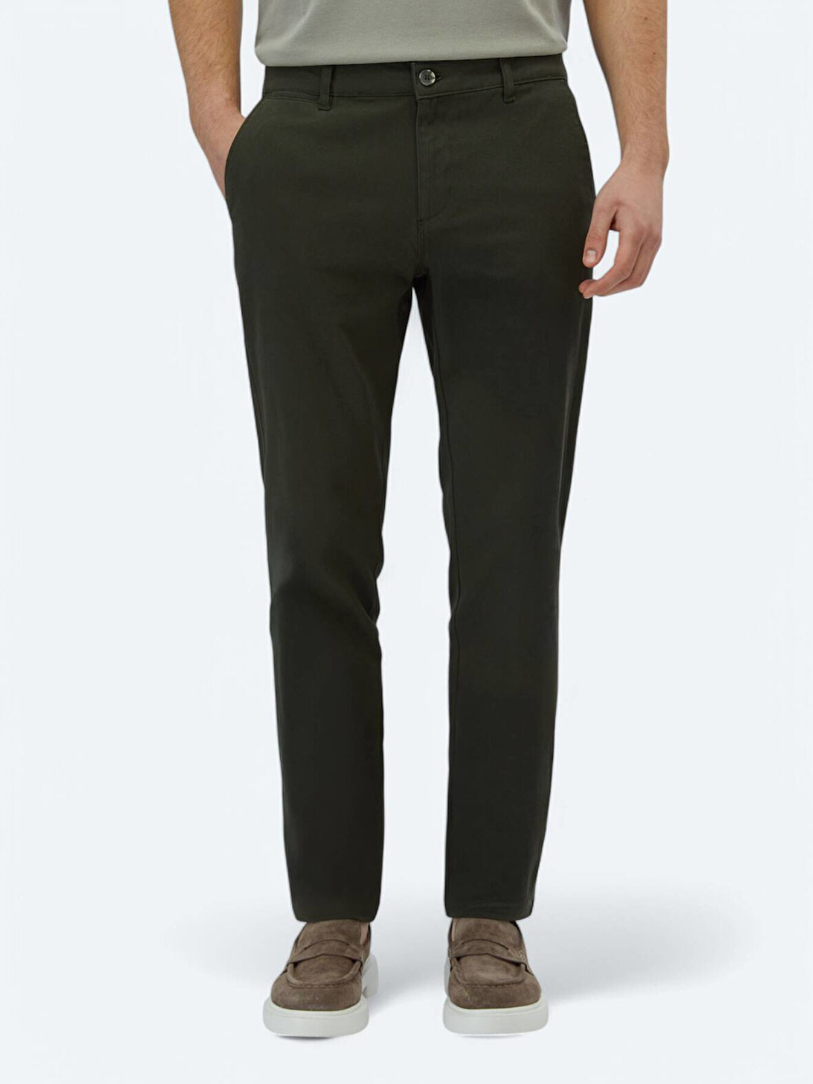 Haki Düz Dokuma Regular Fit Casual Pamuk Karışımlı Pantolon