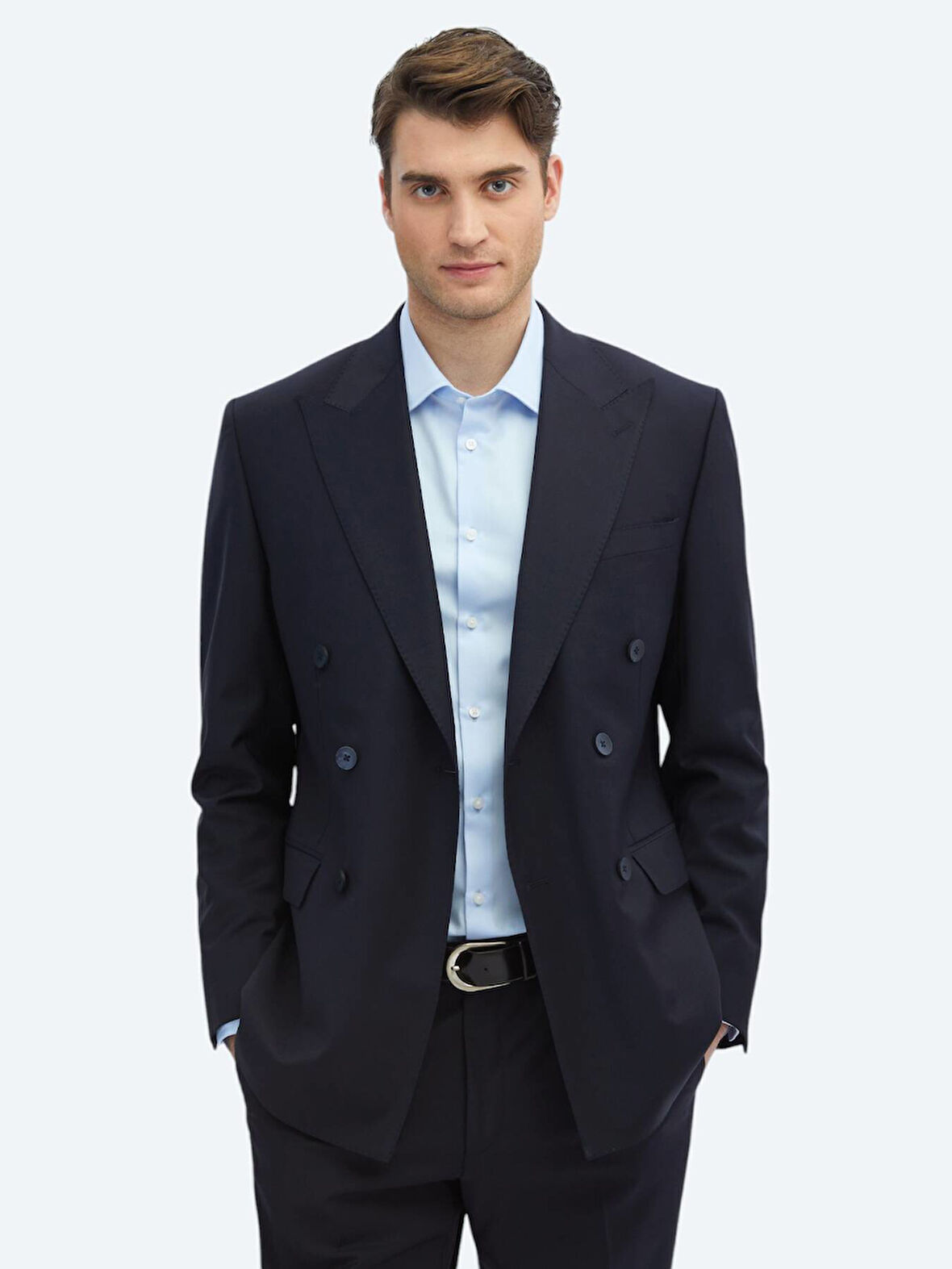 Lacivert Düz Modern Fit Yün Karışımlı Takım Elbise