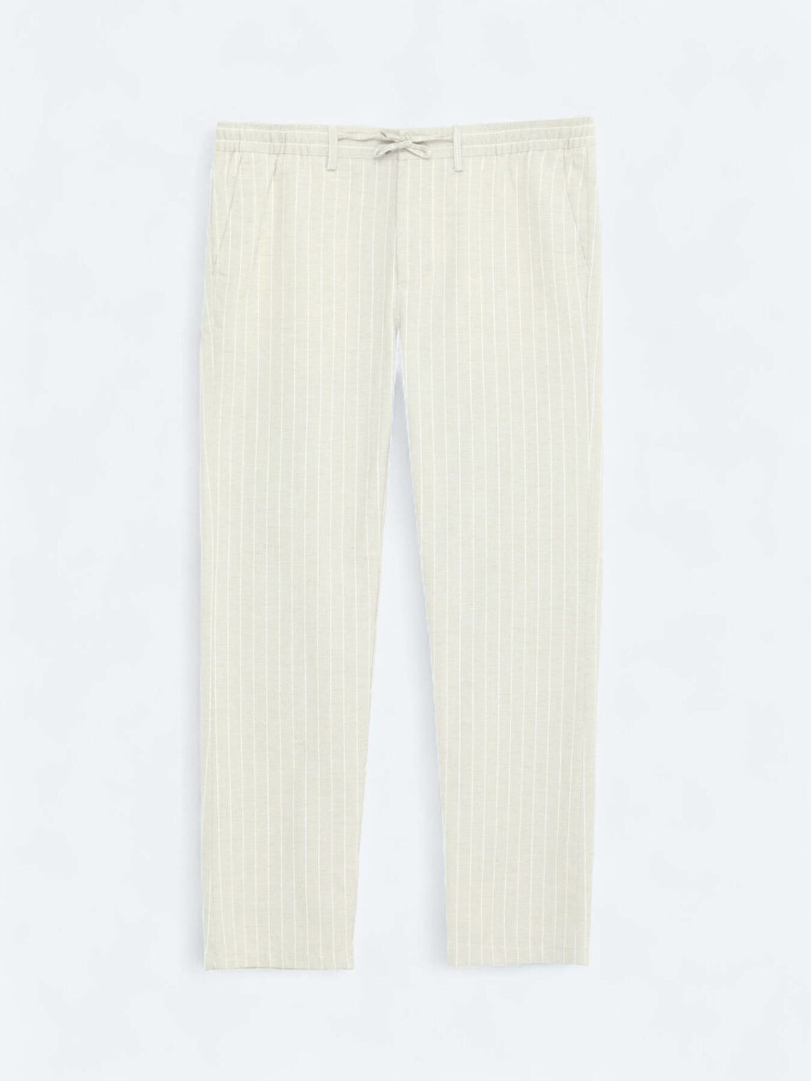 Bej Çizgili Dokuma Jogging Fit Casual Keten Karışımlı Pantolon