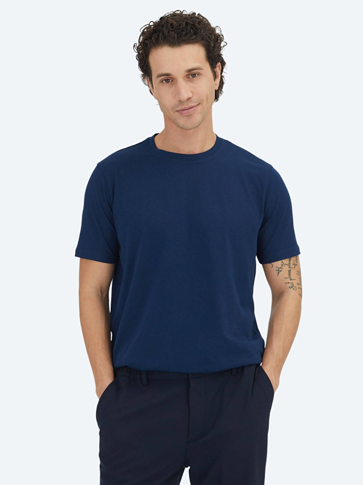 Lacivert Düz Bisiklet Yaka %100 Pamuk T-Shirt