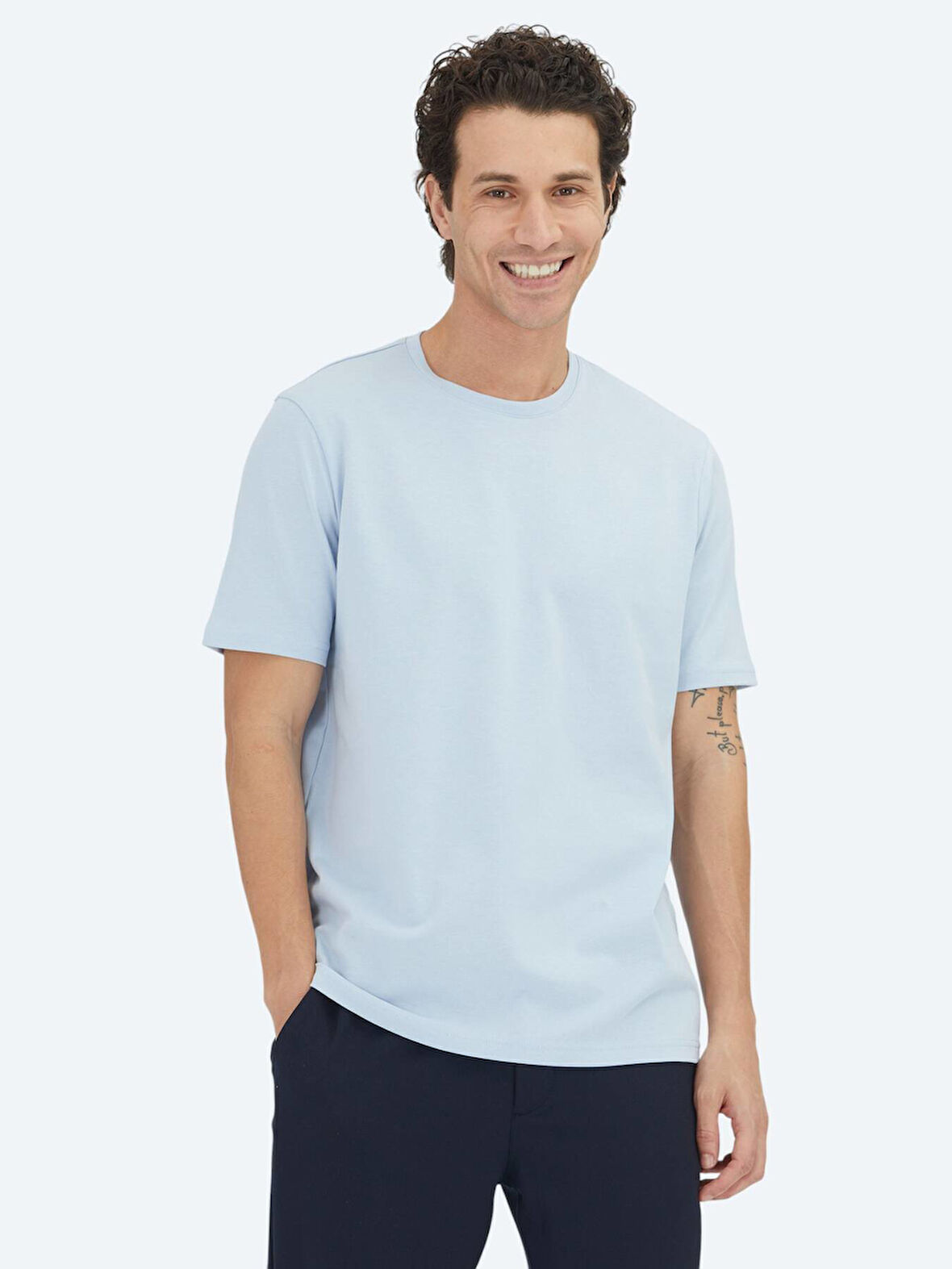 Orta Mavi Düz Bisiklet Yaka %100 Pamuk T-Shirt